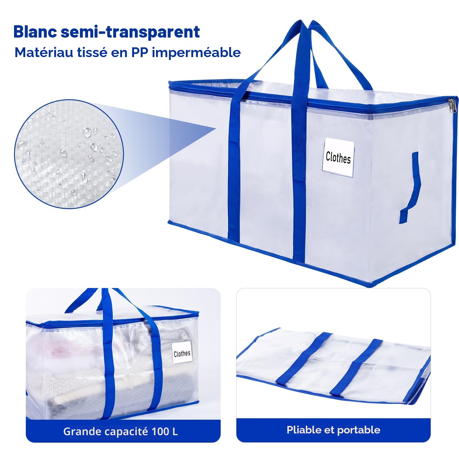 Lot de 8 Sac de Déménagement, 105L Vêtements grand Sac de Rangement Format avec fermetures éclair et poignées de transport, Alternatives aux Cartons de Déménagement