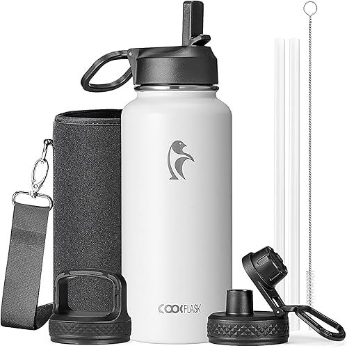 Miniatura 62 de Coolflask - Botella de agua de 64 onzas, aislada, con popote y 3 tapas, con diseño Galaxy, de acero inoxidable al vacío, mantiene las bebidas frías