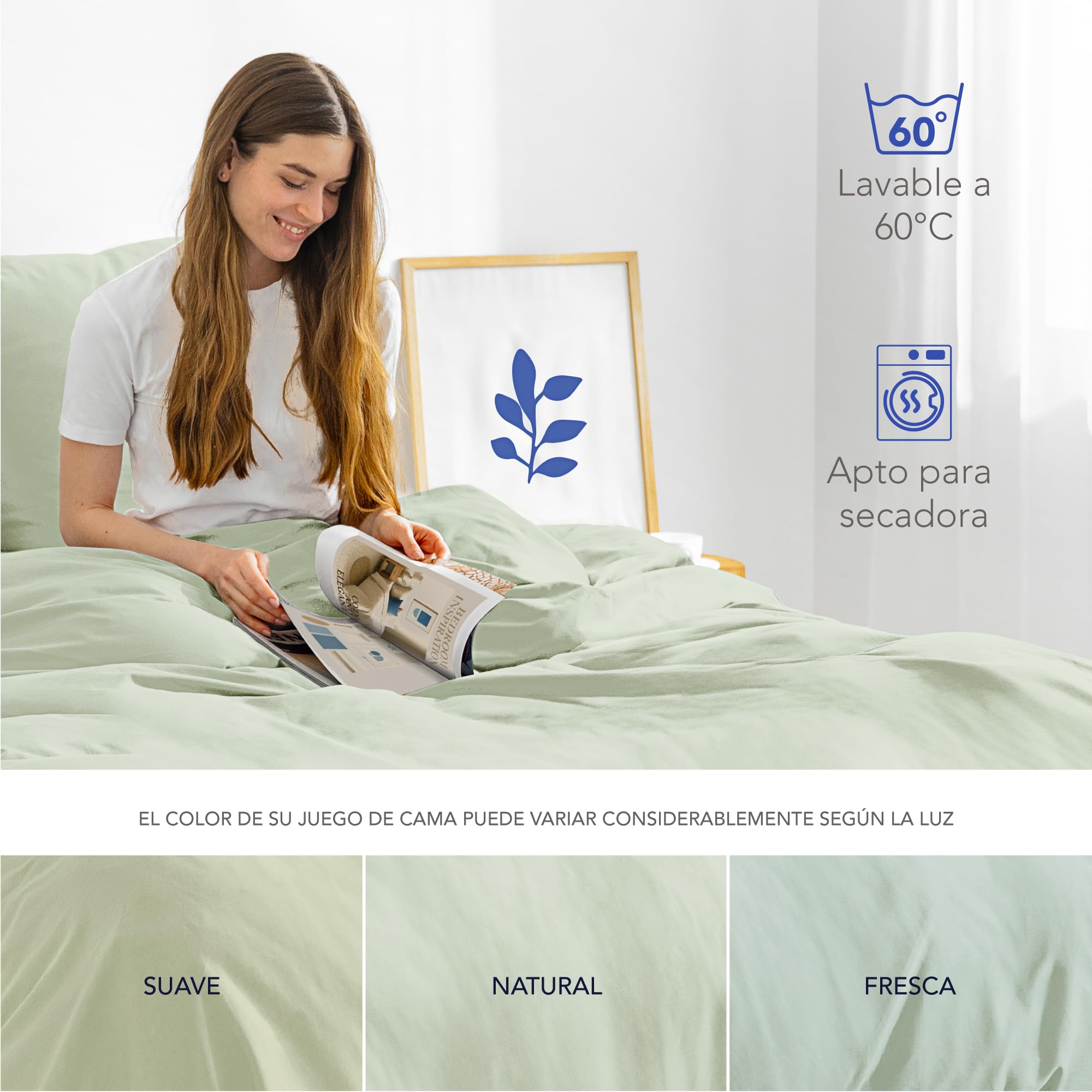 Dreamzie Funda Nordica Algodon Satinado 140x200 cm - Verde - Ropa de Cama, Funda Edredon 140x200 cm y 1 Funda Almohada 80x80 cm - Algodón Satinado - 2 Piezas