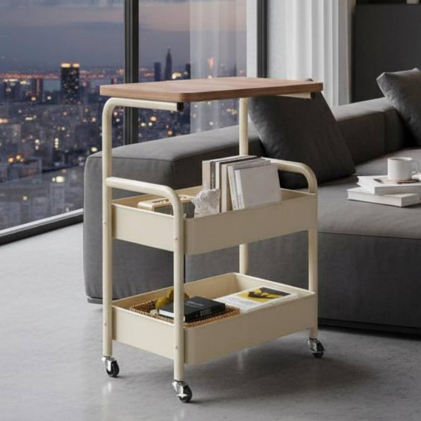 Carrito de Almacenamiento Rodante Organizador Carrito Estantería Mesa Auxiliar con Carro Móvil Tipo de Noche Metal Grueso y Diseño Compacto para, Negro
