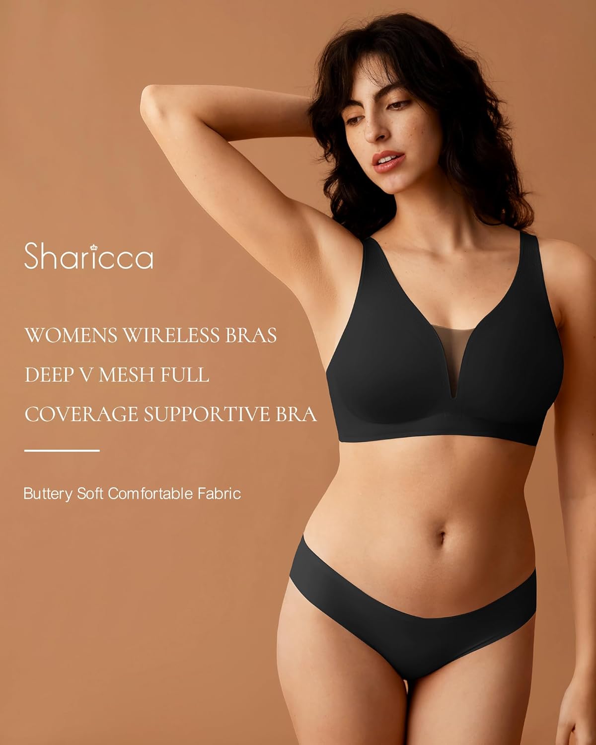 SHARICCA Womens Wireless Bras Full Coverage Deep V Mesh Bra Comfortable Seamless Soft Padded Sleep Bralettes - Image 2