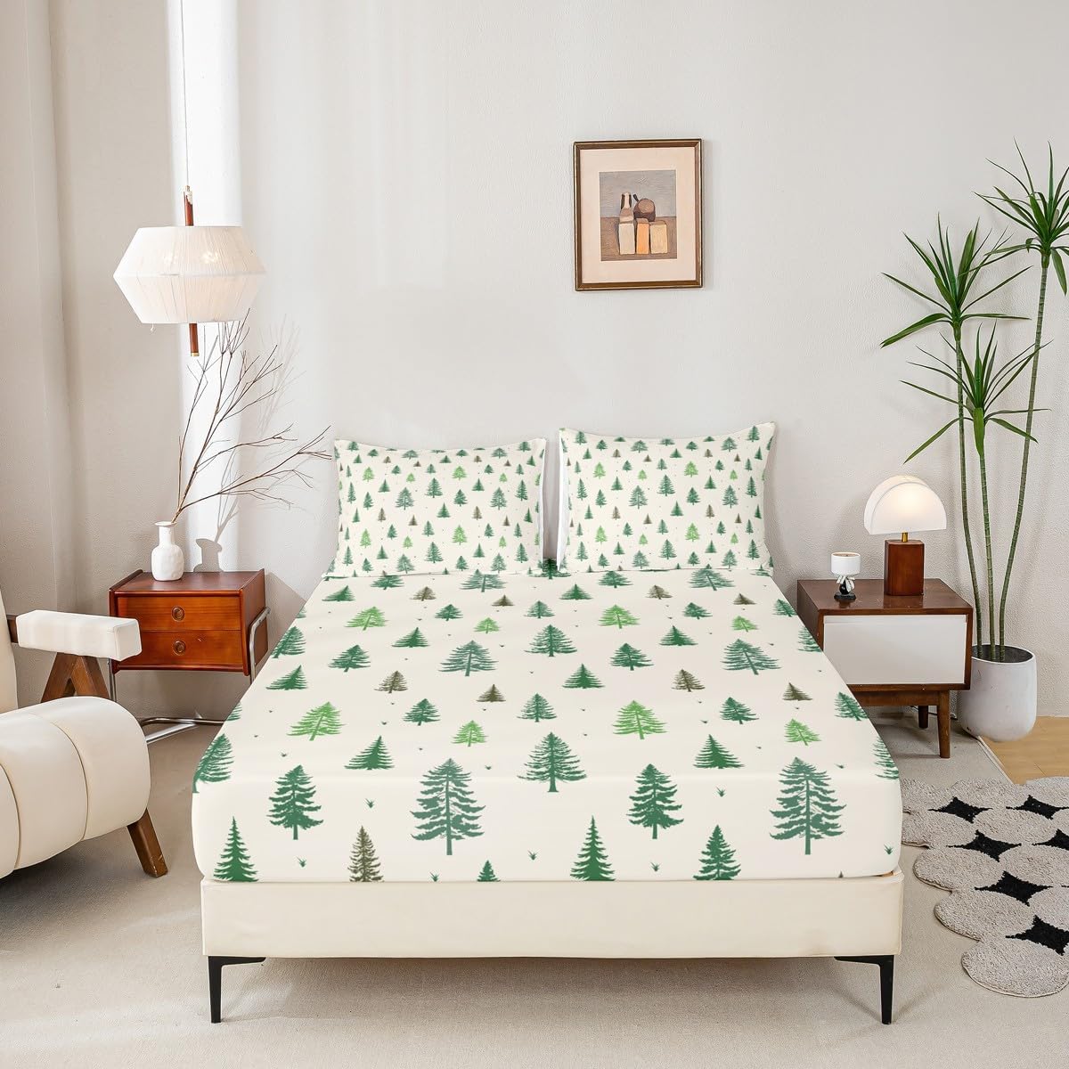 Pine Tree Sheet Sets King Size,Green Jungle Plants Bedding Set 4pcs for Kids Teens Girls Boys Room Decor,Nature Watercolor Green Bed Sheet Soft Fabrics 1 Fitted Sheet +1 Flat Sheet + 2 Pillowcases