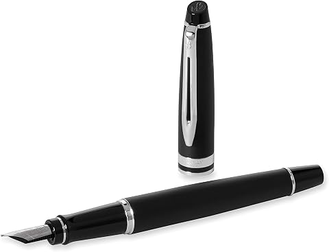 WATERMAN Expert Mat Siyah Krom Tasarımlı Dolma Kalem, Orta Kalınlıkta Uç, Mavi Mürekkep (S0951860)