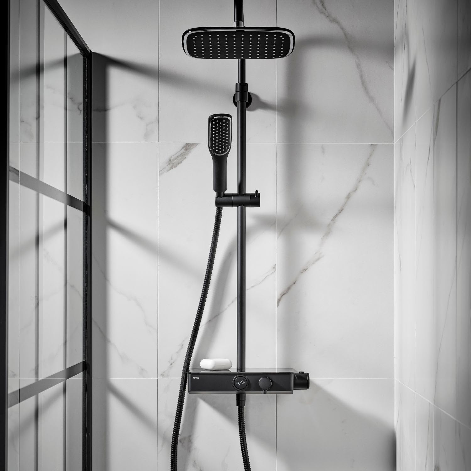 Triton Matte Black Thermostatic Mixer Shower with Rainfall Shower Head