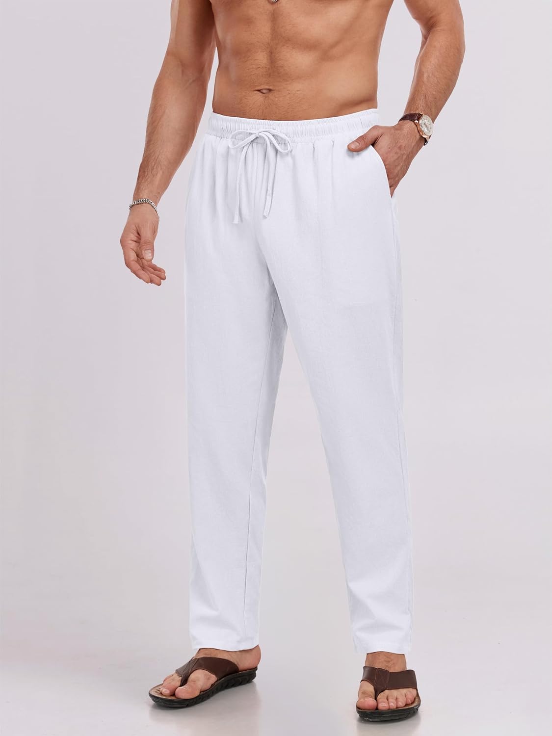 Puimentiua Mens Linen Pants Casual Drawstring Loose Lightweight Mens Pants Yoga Summer Beach Trousers - Image 3