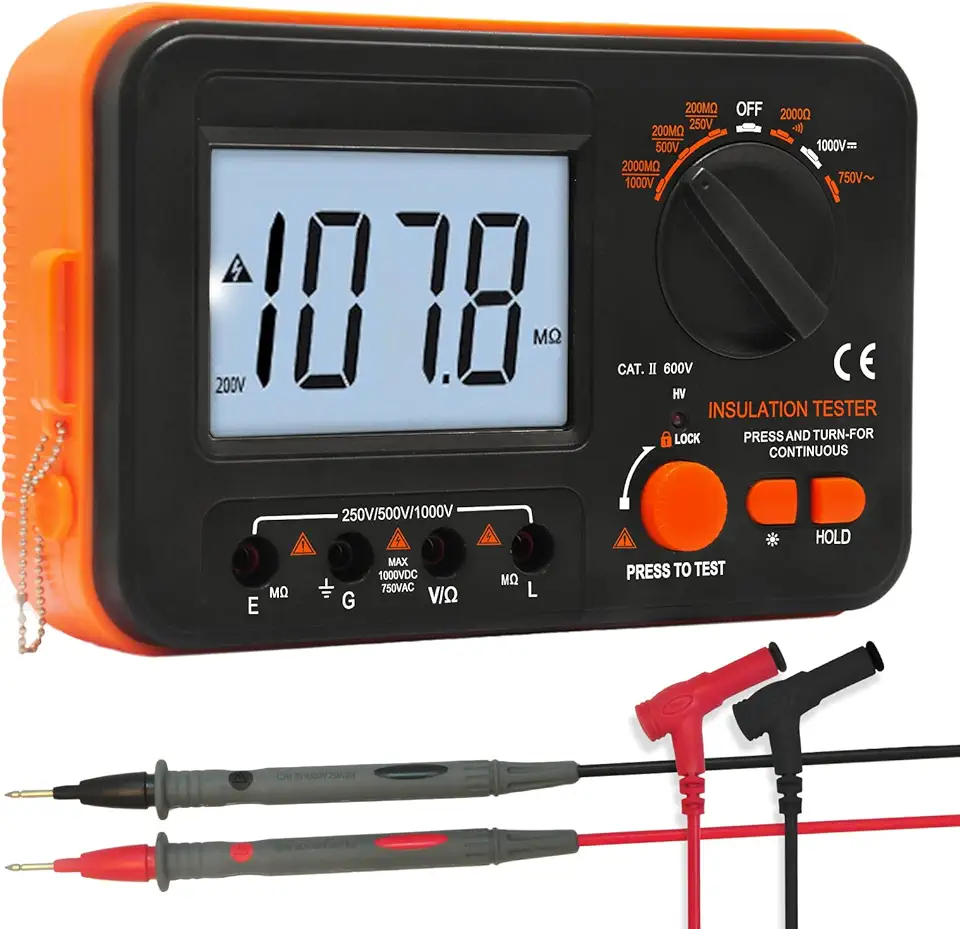 BTMETER Megômetro para Teste de Resistência de Isolamento de 1000V, Megômetro Elétrico de 200Mω A 2Kω com Tensão de Teste de 250V/500V/1000V, Multímetro Digital para Medição de Tensão Ca/Cc.