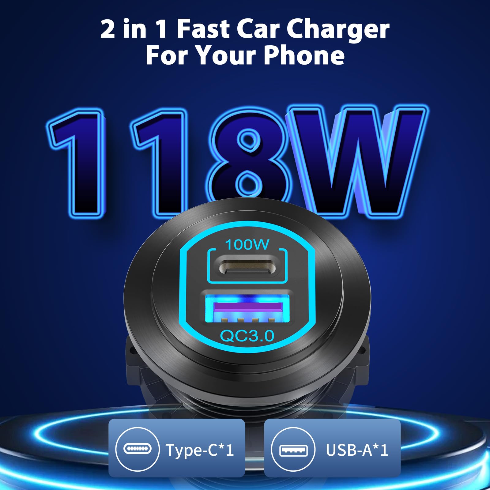 Presa USB C 12V 100W PD QC3.0 18W Lega di alluminio per auto