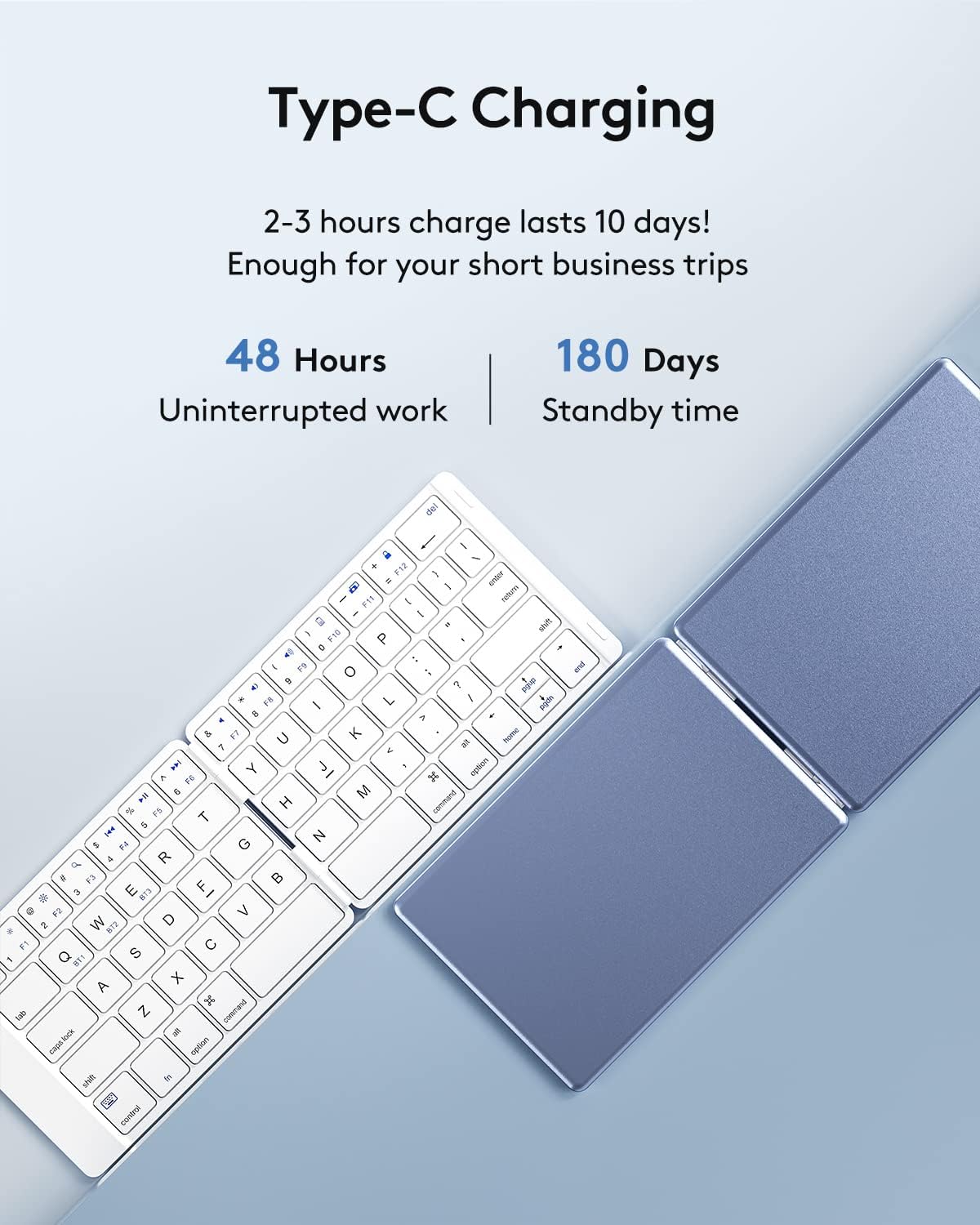 Samsers Foldable Bluetooth Keyboard being charged via a USB-C cable, with text indicating 'Type-C Charging', '48 Hours Uninterrupted work', and '180 Days Standby time'.