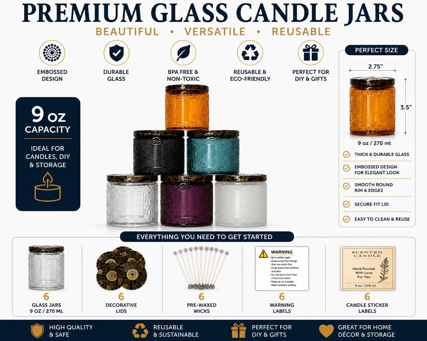 9oz/250ml Embossed Candle Jars – 6 Pack Empty Glass Containers with Tin Lids, Sticker & Warning Labels for Candle Making, DIY Candle Craft (Mixed Colors)