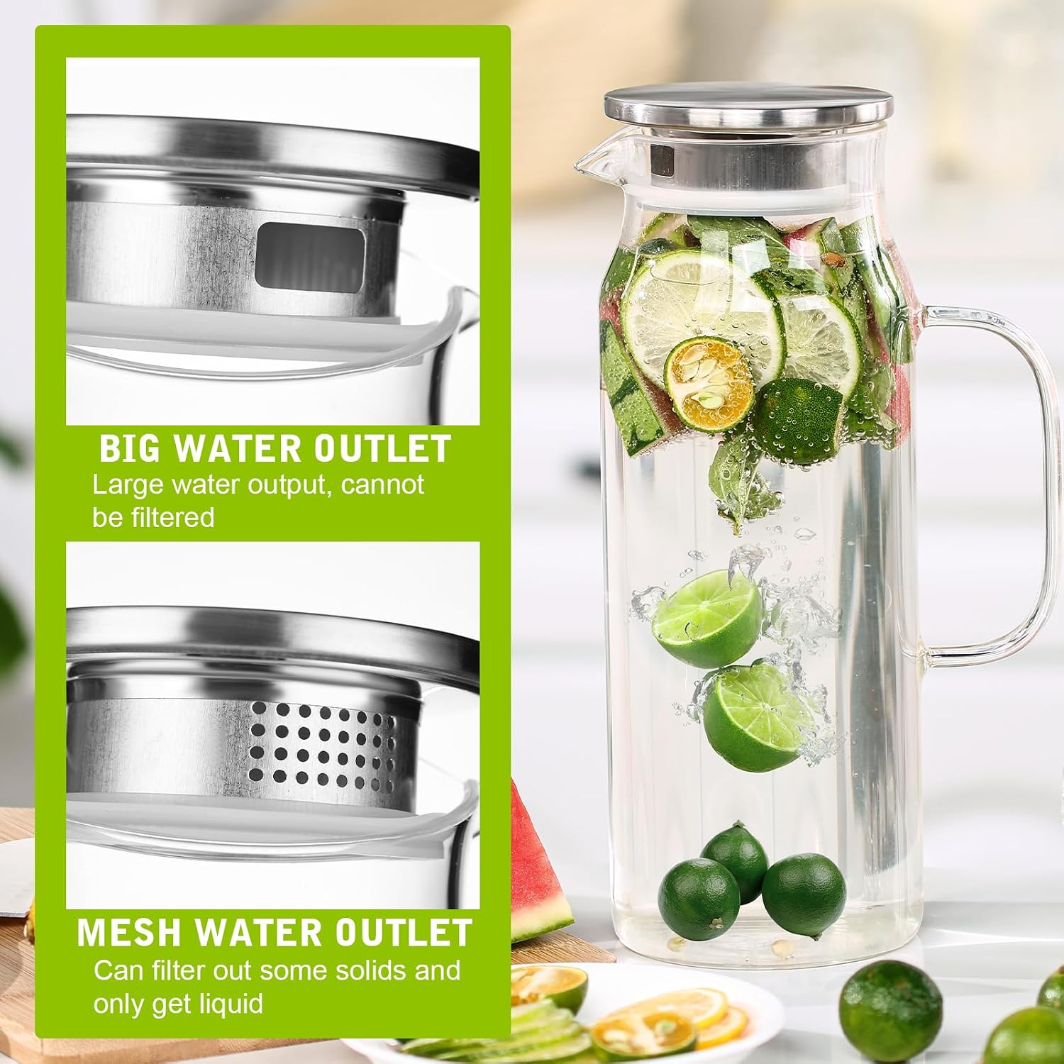 2 Pack 2L/68 oz Glass Pitcher with Lid and Handle,Square Water Pitchers for Fridge, Leak-Proof Spout,Large Ice Tea Jug for Hot/Cold Drinks, Ideal for Cold Brew, Juice, Iced Tea