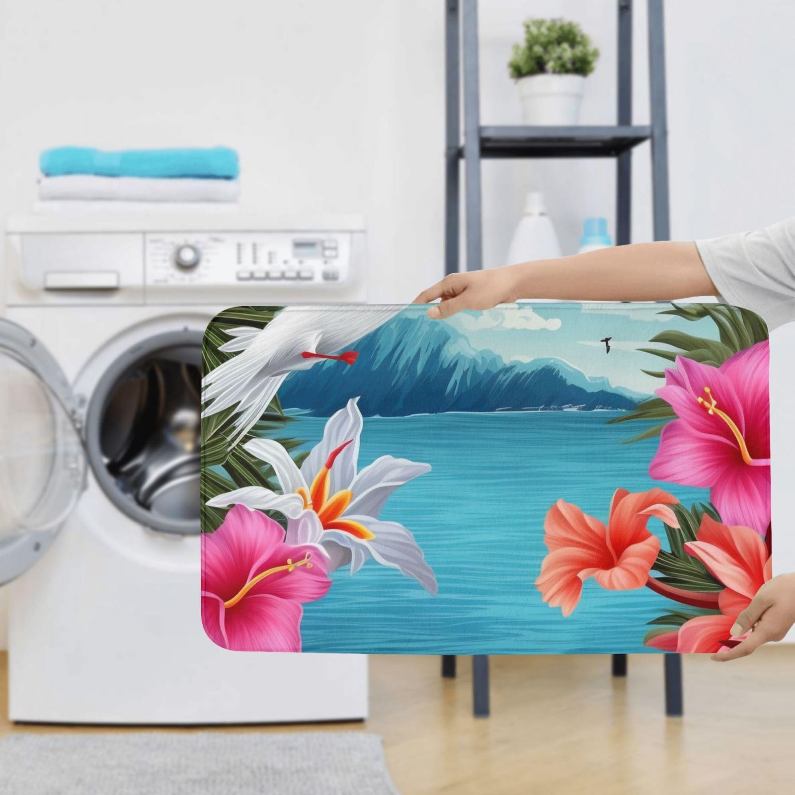 Lot de 3 tapis de bain en flanelle avec tapis de bain, tapis de contour et housse pour abattant WC, motif fleurs d'hibiscus, tapis de bain antidérapant et absorbant