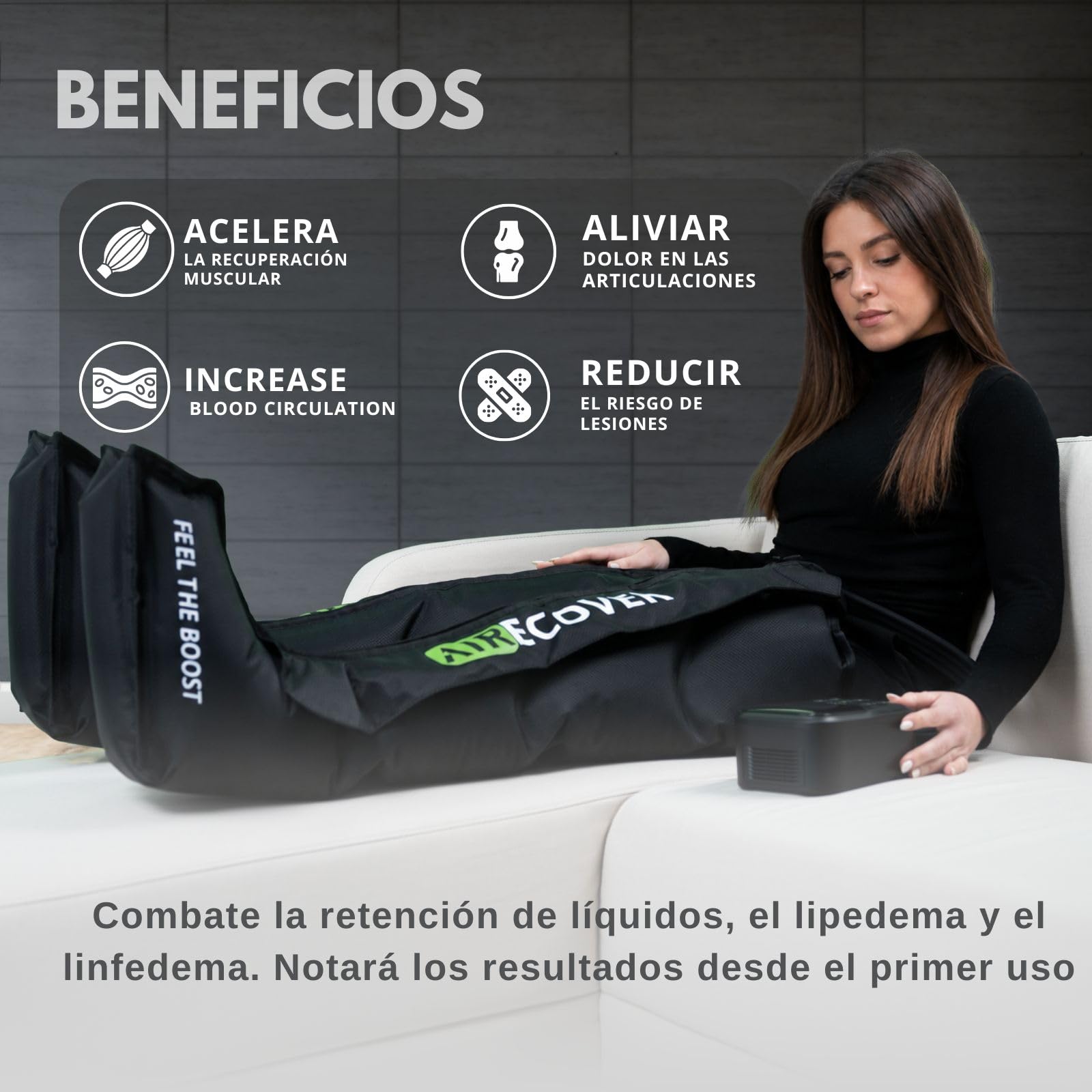 Presoterapia para Casa, Masajeador de Piernas Inalámbrico y Recargable, Botas de Compresión para Circulación, Recuperación Muscular, Drenaje Linfático y Celulitis, Batería de 4H (L)
