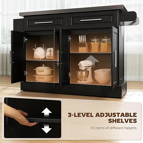 Miniatura 4 de HomCom Isla para cocina. Gabinete moderno con ruedas, con parte superior de acero inoxidable., Negro
