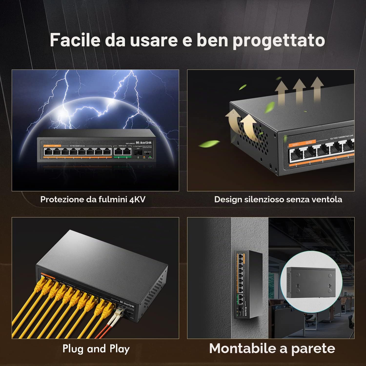 MokerLink 11 Porte Gigabit PoE Switch con 8 Porte PoE +, 2 Gigabit Uplink , 1 SFP porta, Rilevamento AI da 120 W, Qos, Switch di Rete Plug & Play in Metallo Senza Ventole