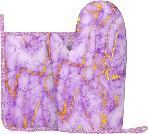 Juego de guantes de horno y soportes para ollas de mármol dorado morado, guantes de horno de silicona antideslizantes resistentes al calor, guantes