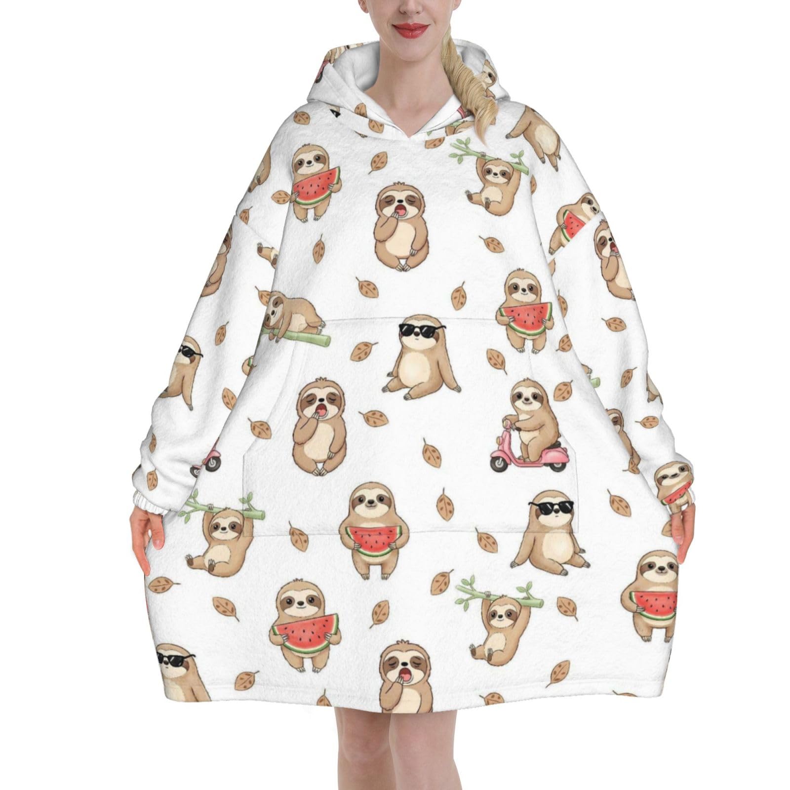 Sloth Wearable Blanket Hoodie for Adult Women, Oversized Flannel Fleece Sweatshirt, Cozy Blanket Hoodie with Pocket, Gift for Unisex Girls Teenager