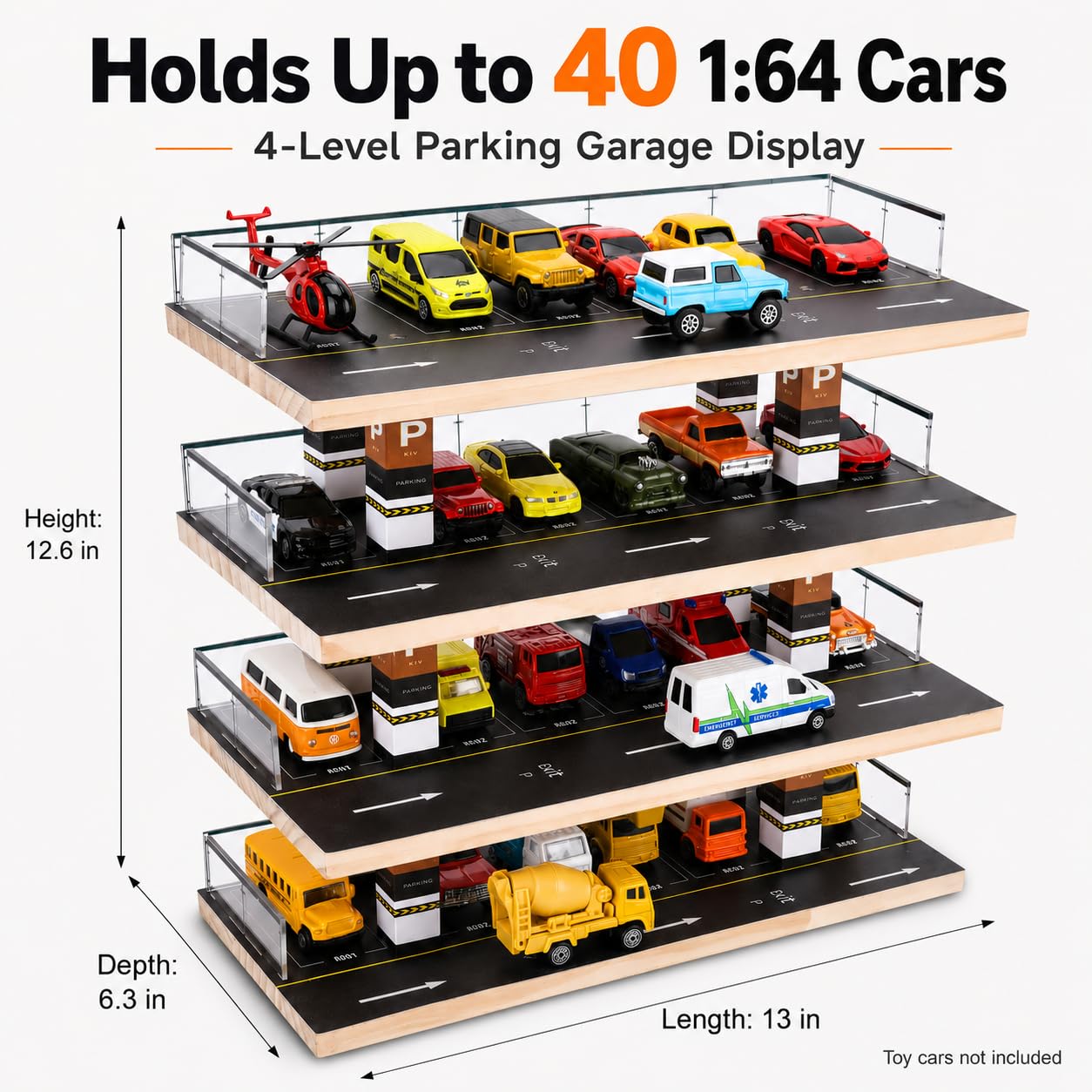 Saichotoy Garage per auto giocattolo, contenitore per Hot Wheels in scala 1/64, scatola di fiammiferi in pressofusione, espositore autoportante con 4 livelli, 24 posti per massimo 40 auto (auto non