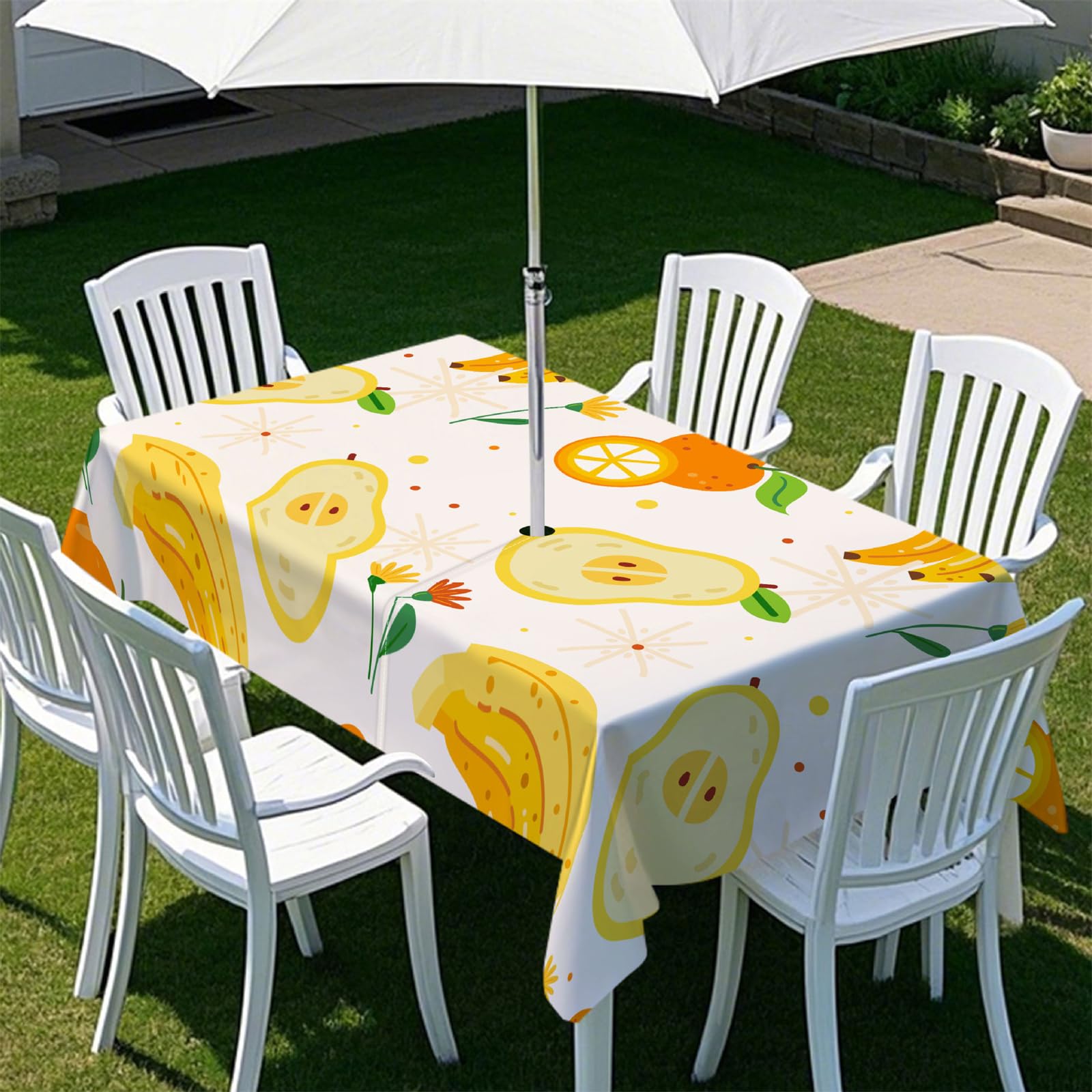 Highdi Rectangle Tablecloth with Parasol Hole, Outdoor Garden Tablecloth with Umbrella Hole Waterproof Non-Slip Tablecloth with Zipper Protector (259x152cm,Tropical Fruit A)