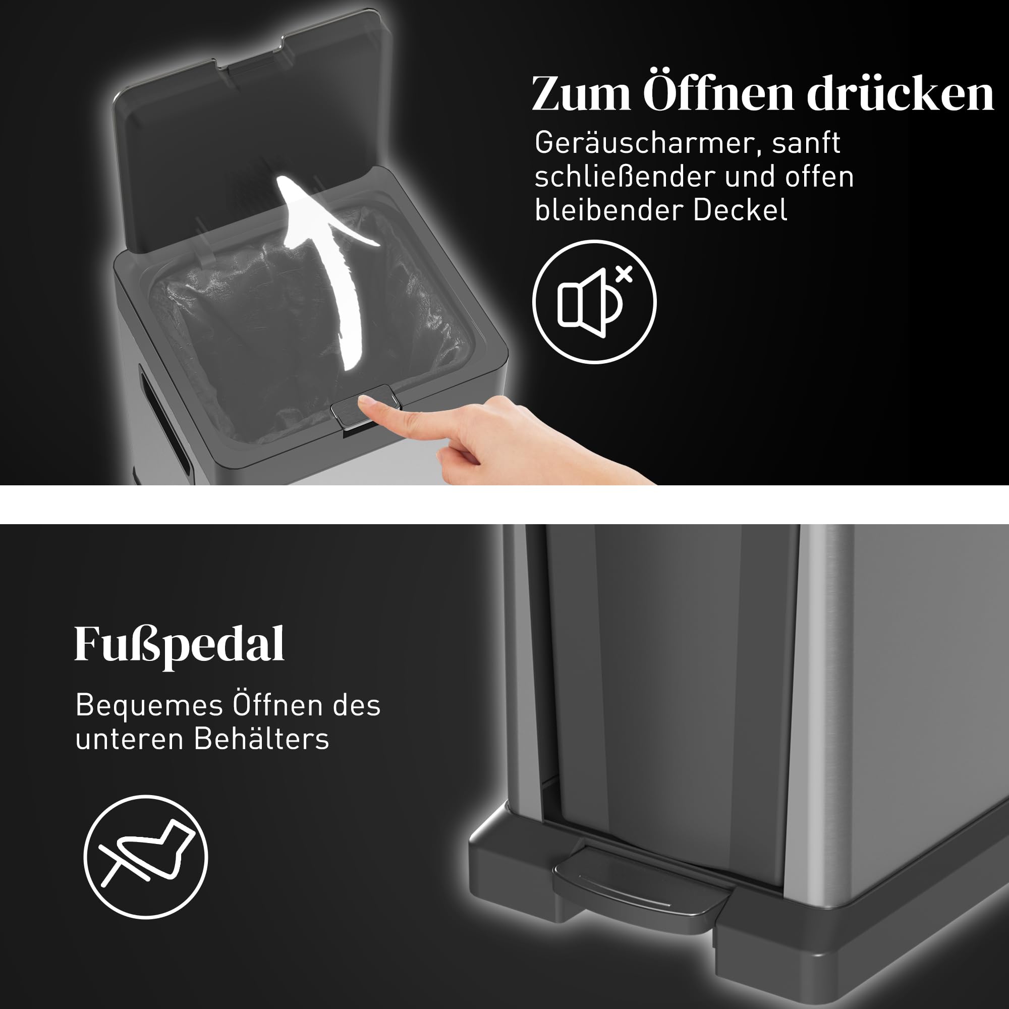 HOMCOM Mülleimer 20+14L 2 Fächer Deckel Fußpedal Silber 32,5x31,5x78 cm | Abfalleimer, Kippfach, Herausnehmbare Inneneimer, Soft-Close-Funktion, Edelstahl, Wohnzimmer Büro