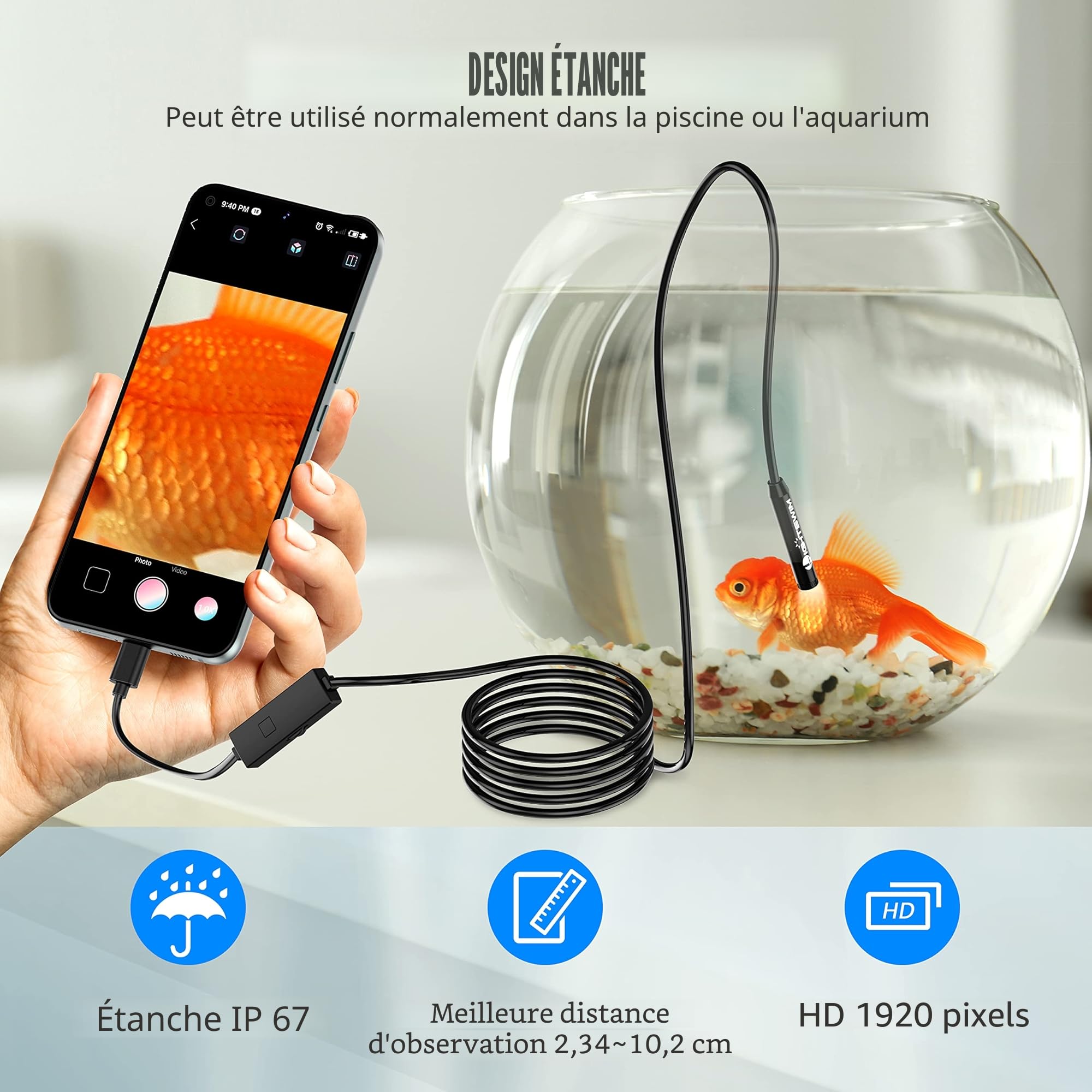 Lightswim Caméra d'inspection Serpent endoscopique à Double Objectif 1920P, caméra endoscopique de Type C avec 8 lumières LED pour Smartphone Android et iOS, iPhone, iPad, Samsung (16,5 Pieds/5 m)