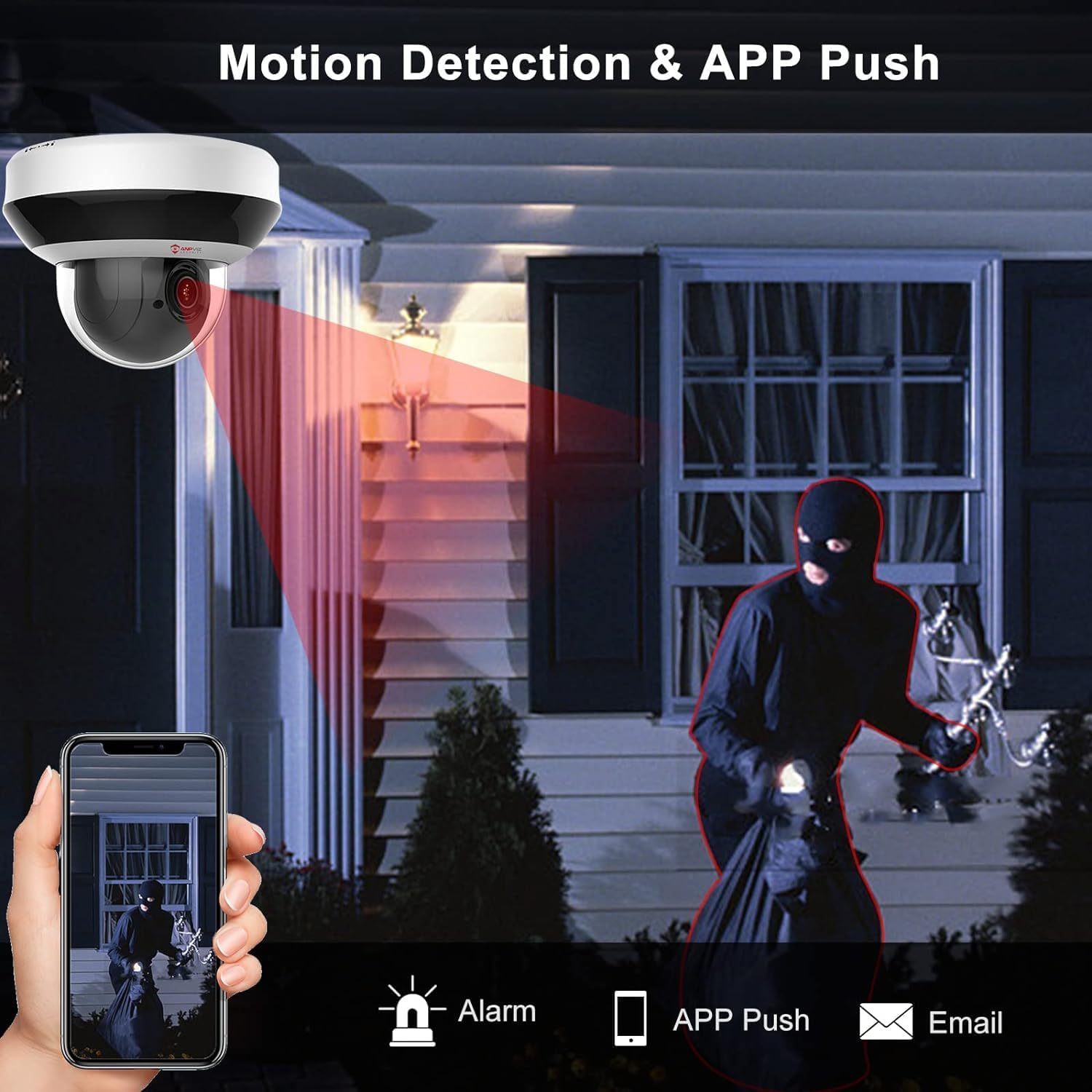 Anpviz PTZ camera detecting motion with red light beam and sending app push notification