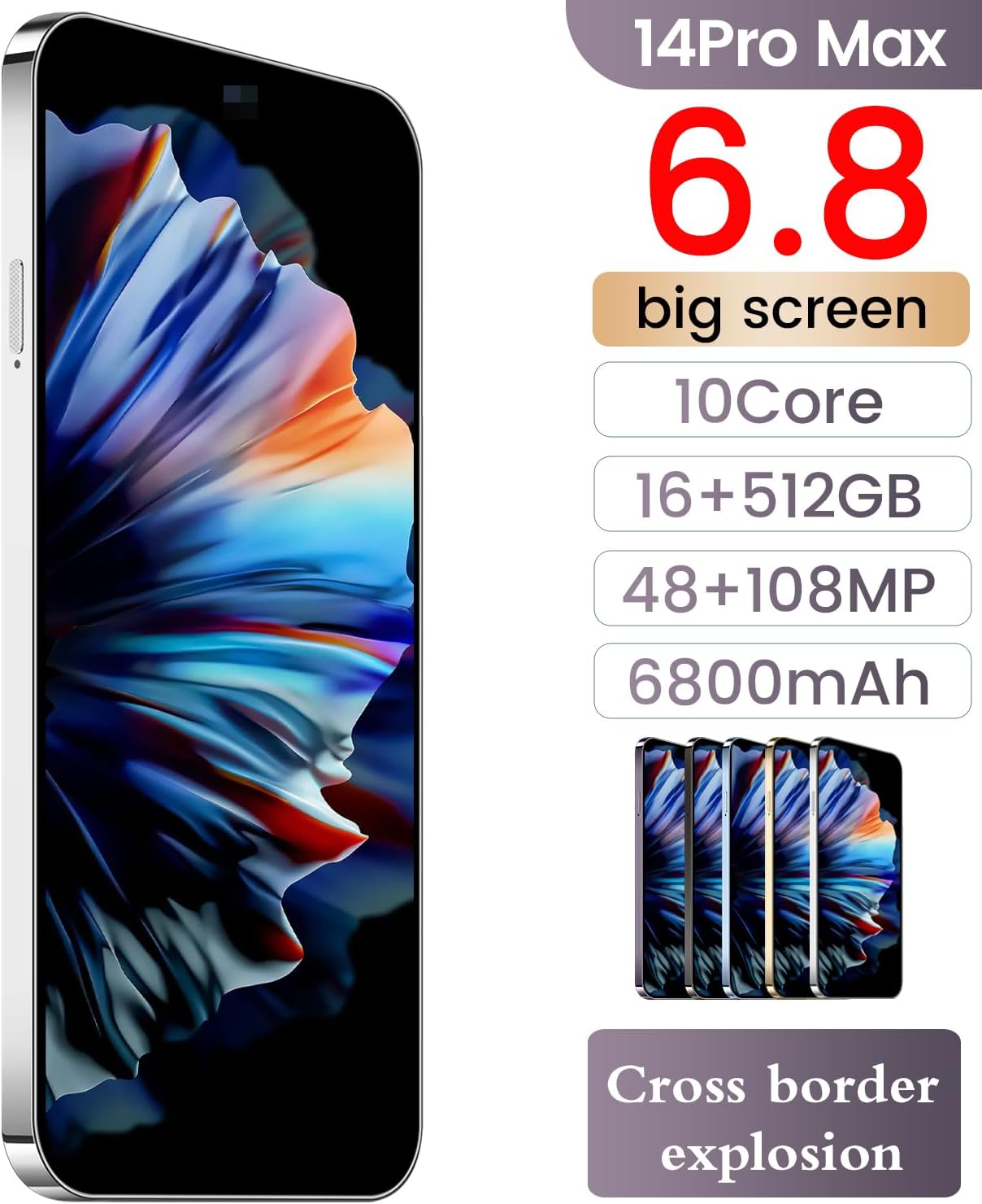 14 ProMA X Unlocked Cell Phone,Smartphone Long Battery Life 6.82" HD Screen Unlocked Phones, 16+512GB Android 13.0 with 128G Memory Card, Dual SIM/Fingerprint Lock/Face ID/GPS (White)