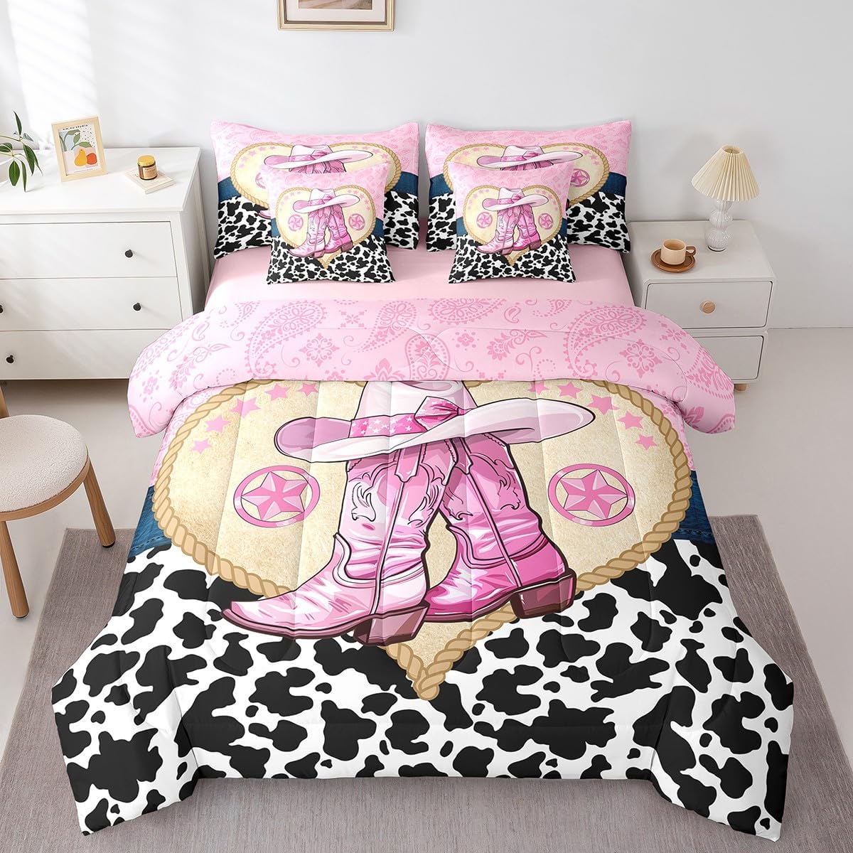 7 Pcs Western Cowboy Comforter Set,Rustic Cow Fur Bull Skull Horseshoe Arrow Bedding Set,American West Brown Plaids Patchwork Bed Set(Comforter+Fitted+Flat Sheet+Pillowcases+Pillow Covers),Twin