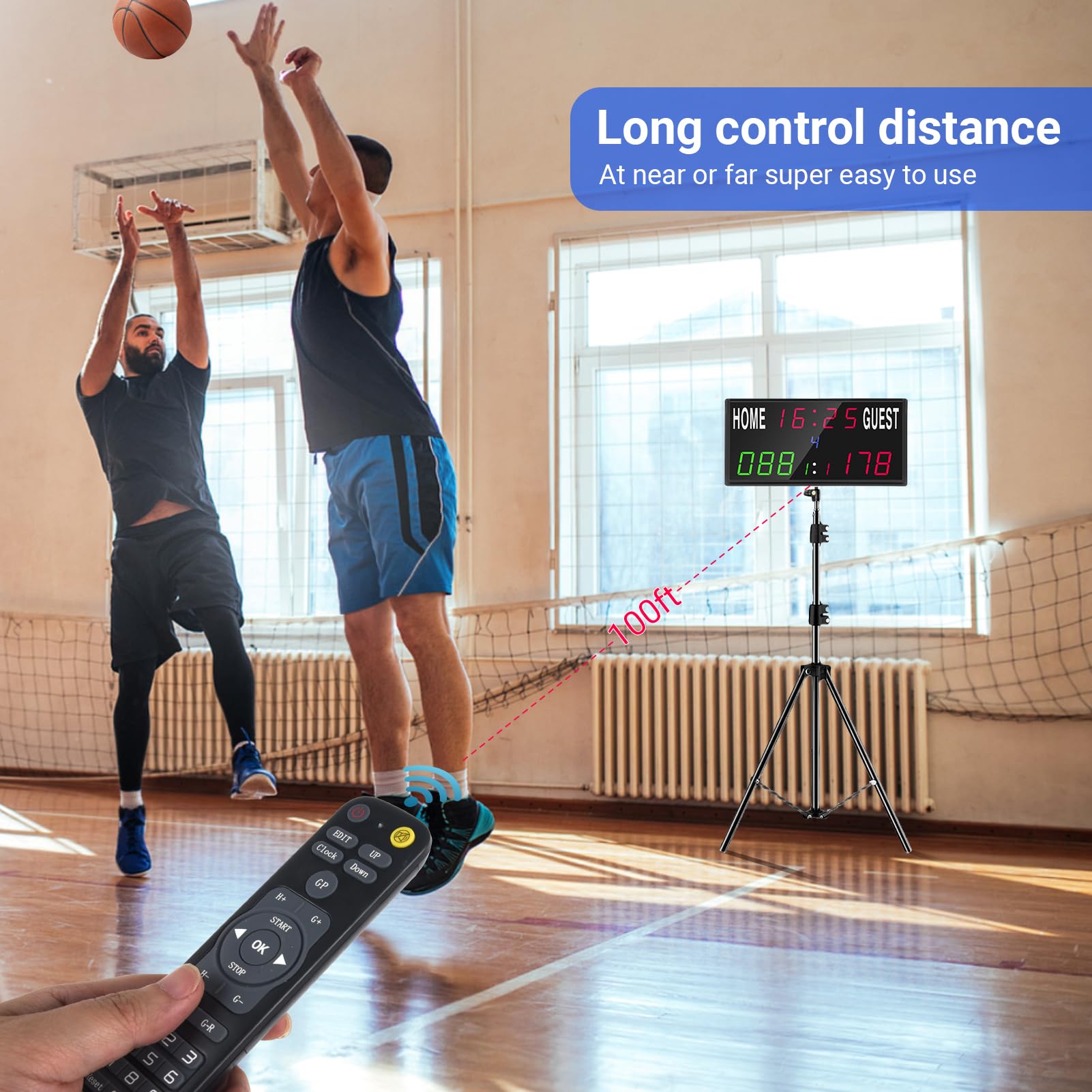 Marcador electrónico LED 2025 con control remoto, marcador de baloncesto con reloj de tiro y temporizador y tiempo real de 12/24 horas para fútbol, agujero de maíz, ping pong, tenis de mesa 5