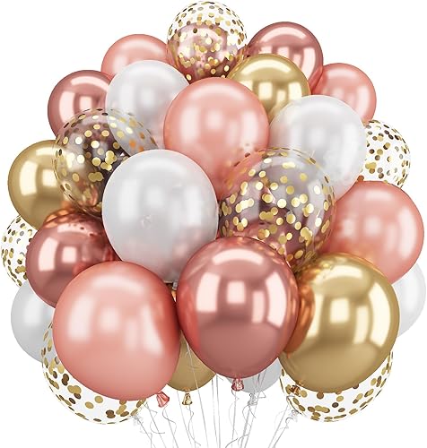 Globos de confeti de oro rosa, 60 paquetes de globos de fiesta de oro rosa metálico de 12 pulgadas y oro cromado con cinta para niñas y mujeres,