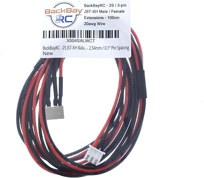 BackBayRC - 2S JST-XH Balance Extensions - 100cm 20awg (100 Strand) Wire - Flexible Silicone Insulation - 2.54mm / 0.1 Pin Spacing