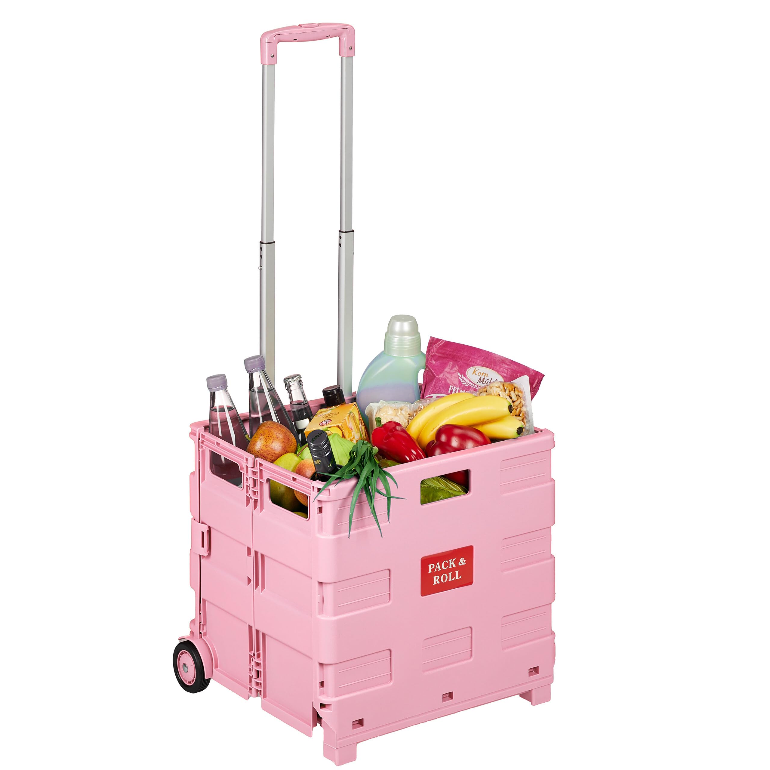 Relaxdays carrello della spesa pieghevole, cesto con ruote, rosa