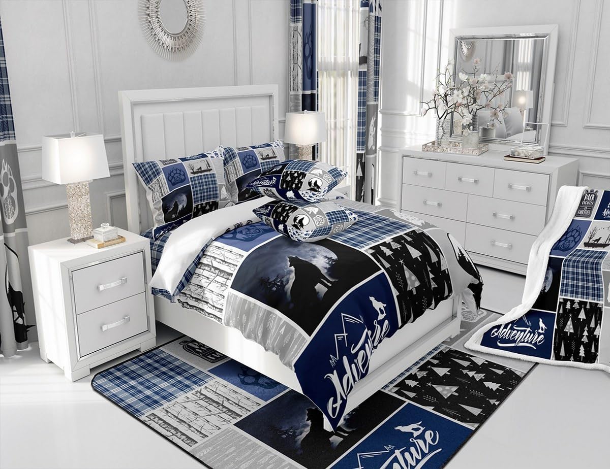 Feelyou Wolf Sherpa Blanket Kids Geometric Fleece Throw Blanket Bohemian Plush Blanket for Women Men Room Decor Lightweight Navy Blue Fuzzy Blanket for Sofa Bed Couch,Twin 60x80 Inches