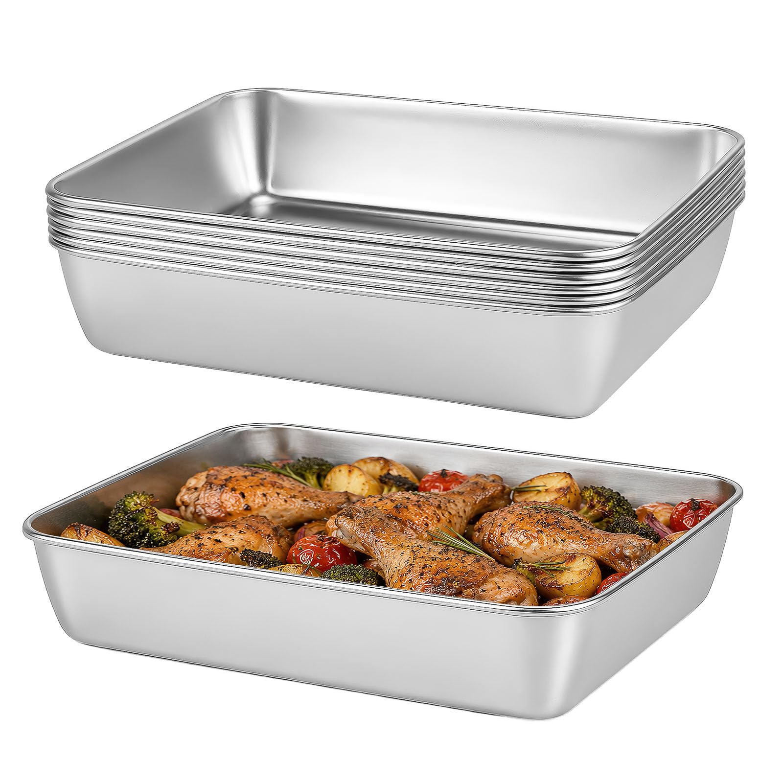 6 Pack 304 Stainless Steel Baking Trays, 25 x 20 x 5 cm Deep Oven Pans Bulk