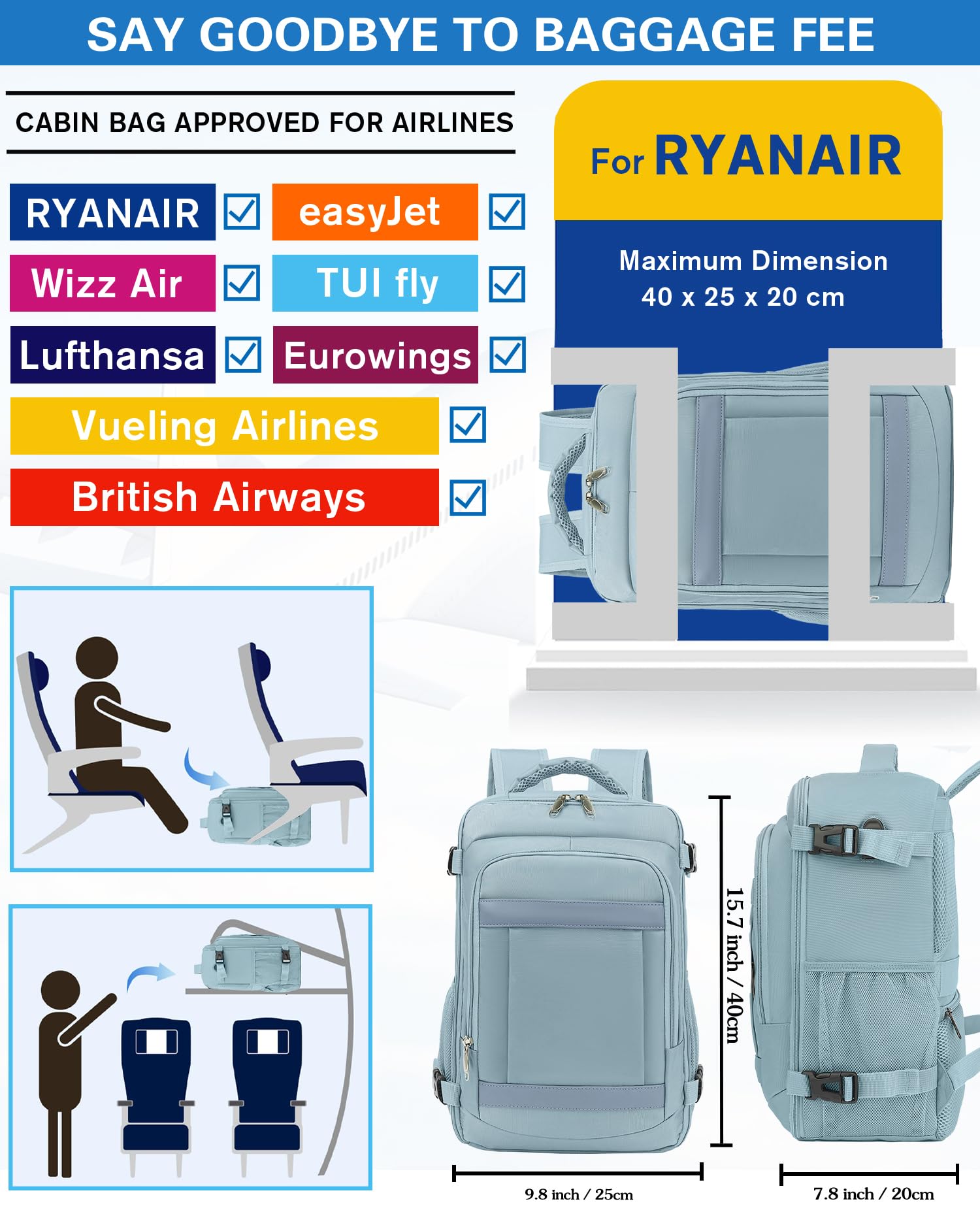 KLOSTAIN Plecak podróżny Ryanair Easyjet Plecak podróżny samolot bagaż podręczny torba kabinowa dla mężczyzn i kobiet plecak podróżny do pracy i szkoły