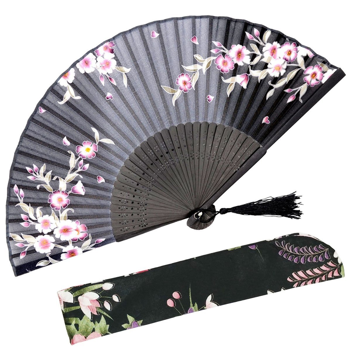 Omytea Women's Redbud - Black "Lily Chinese/Japanese Hand Held Silk Folding Fans With Bamboo Frame - With A Fabric Sleeve For Protection (Redbud - Black)