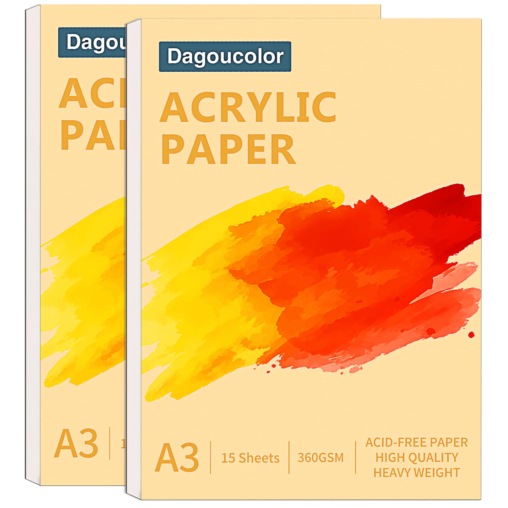 DagouColor Papier Akrylowy Malowania, 2 Pack, A3 Blok do Rysowania do Farby Akrylowej, 360 g/m² i Bez Kwasów, 15 Arkuszy Białego Papieru, Książka do Pracy Artystycznej Dla Artystów, Dorosłych