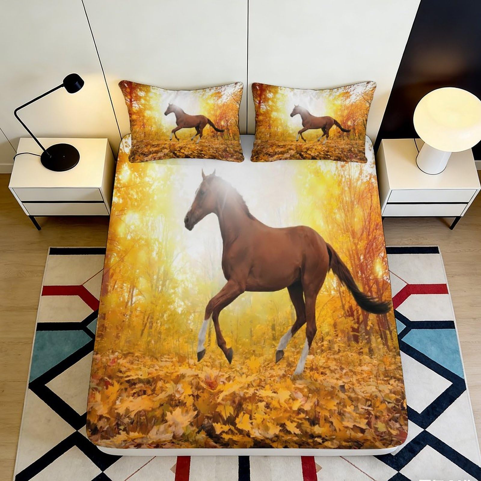 3D Printed Autumn Forest Horse Fitted Sheet Microfiber Soft Brown Stallion Mattress Cover for Bedroom Dorm Decor 90x200x25cm