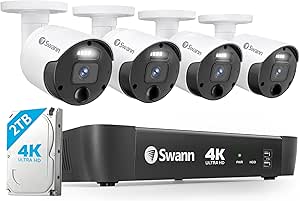 Swann 4K Master Security Camera System, 8 Channel NVR with 2TB HDD, 4X Bullet IP Cameras, Indoor/Outdoor PoE Wired, 24/7 Home Surveillance, Color Night Vision, True Detect, Sensor Spotlights,876804 asin的图片