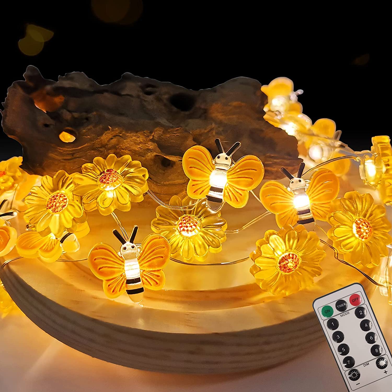 KINGCOO 10FT 30LED Sunflower Honeybee Fairy Copper Wire String Lights Battery Operated Decorative Lights with Remote Timer for Indoor Outdoor Nursery Bedroom Wedding Party Christmas Garden Decor — image 1