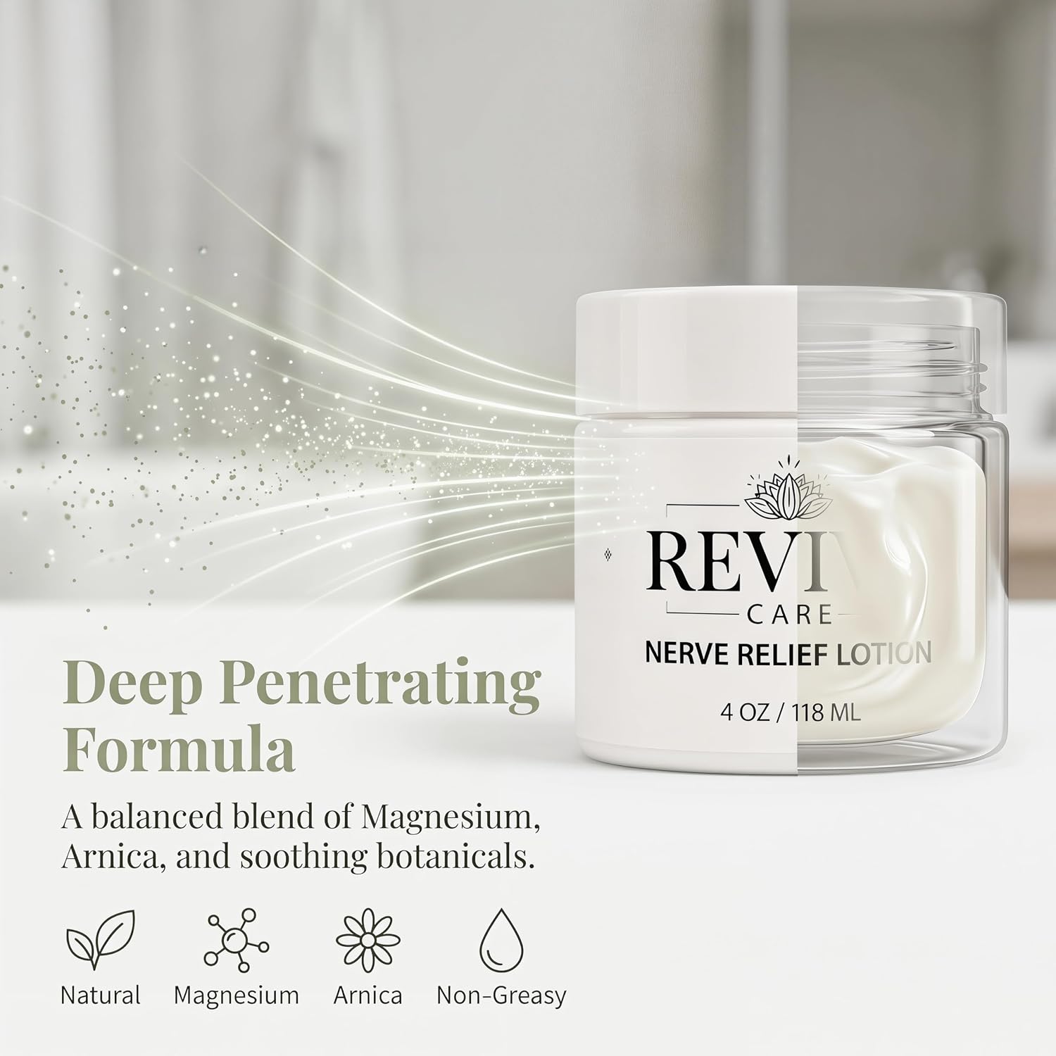 Revive Care Nerve Relief Lotion, Magnesium Cream with Arnica, MSM & Menthol, Hand & Joint Care Cream, Fast-Absorbing Non-Greasy Moisturizer for Hands, Knees, Elbows & Body Care