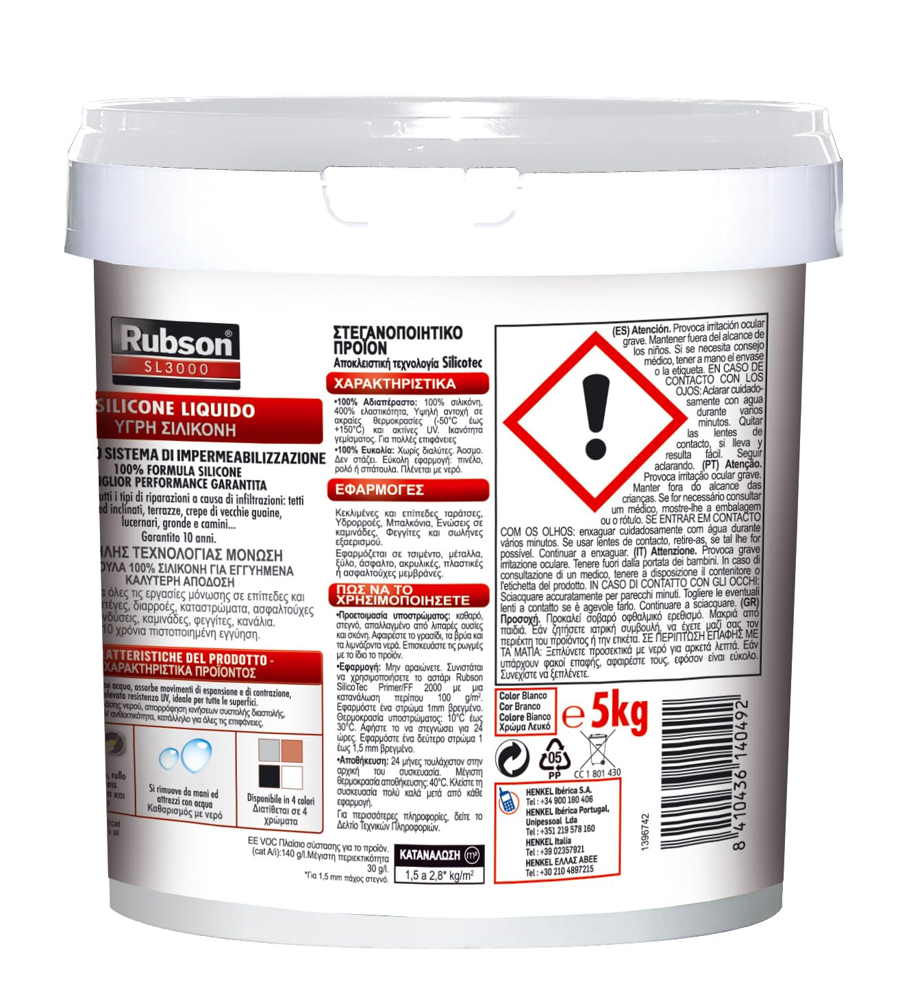Rubson Aquablock Silicone Liquido SL3000, Facile e Sicuro da Usare, per Impermeabilizzazione e Riparazione di Tetti e Coperture Piani e Inclinati, Guaine, Fioriere, Bianco, Secchio 5kg