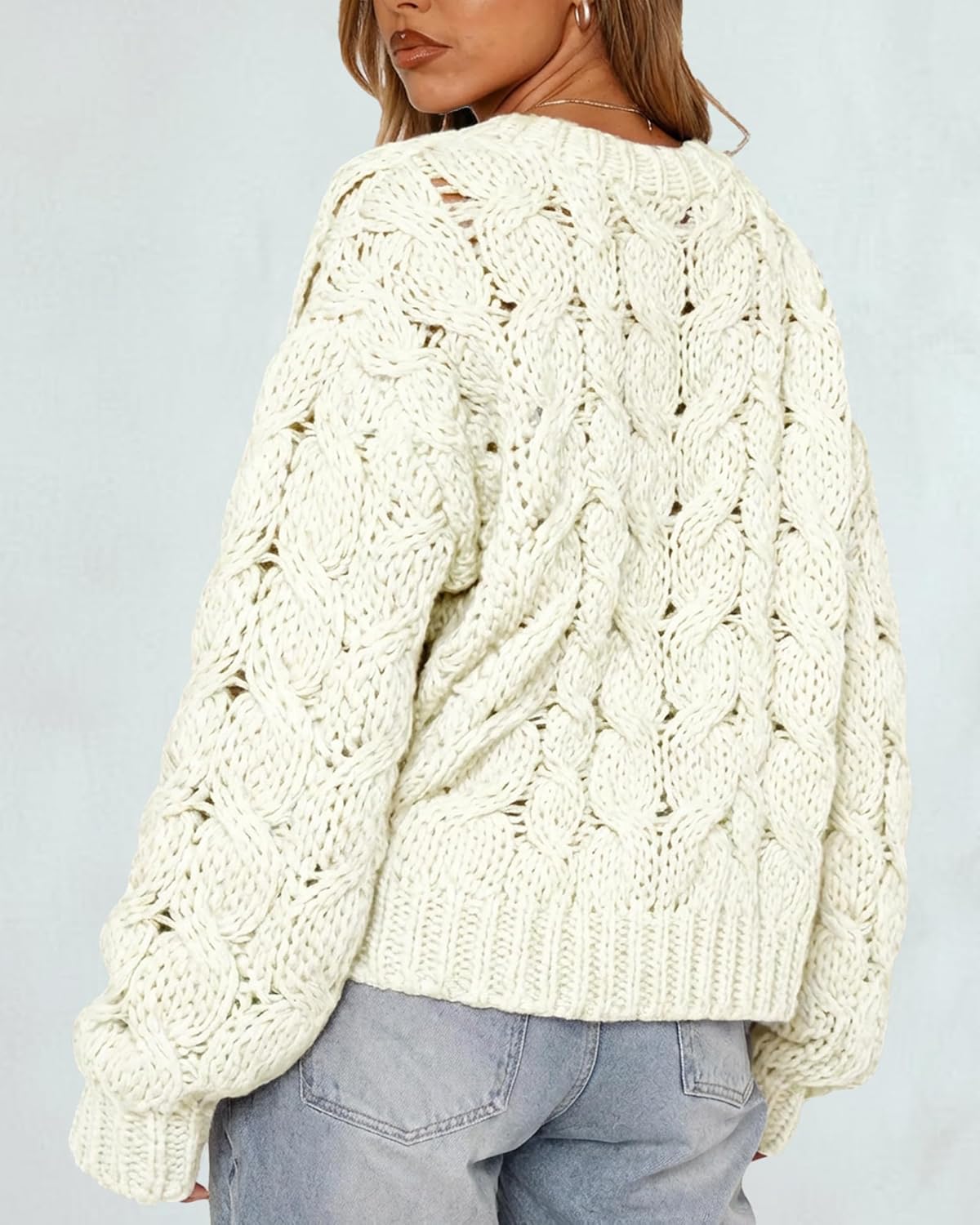 Women's Oversized Chunky Cable Knit Sweater Long Sleeve Crew Neck Crochet Fall Pullover Tops - Image 7