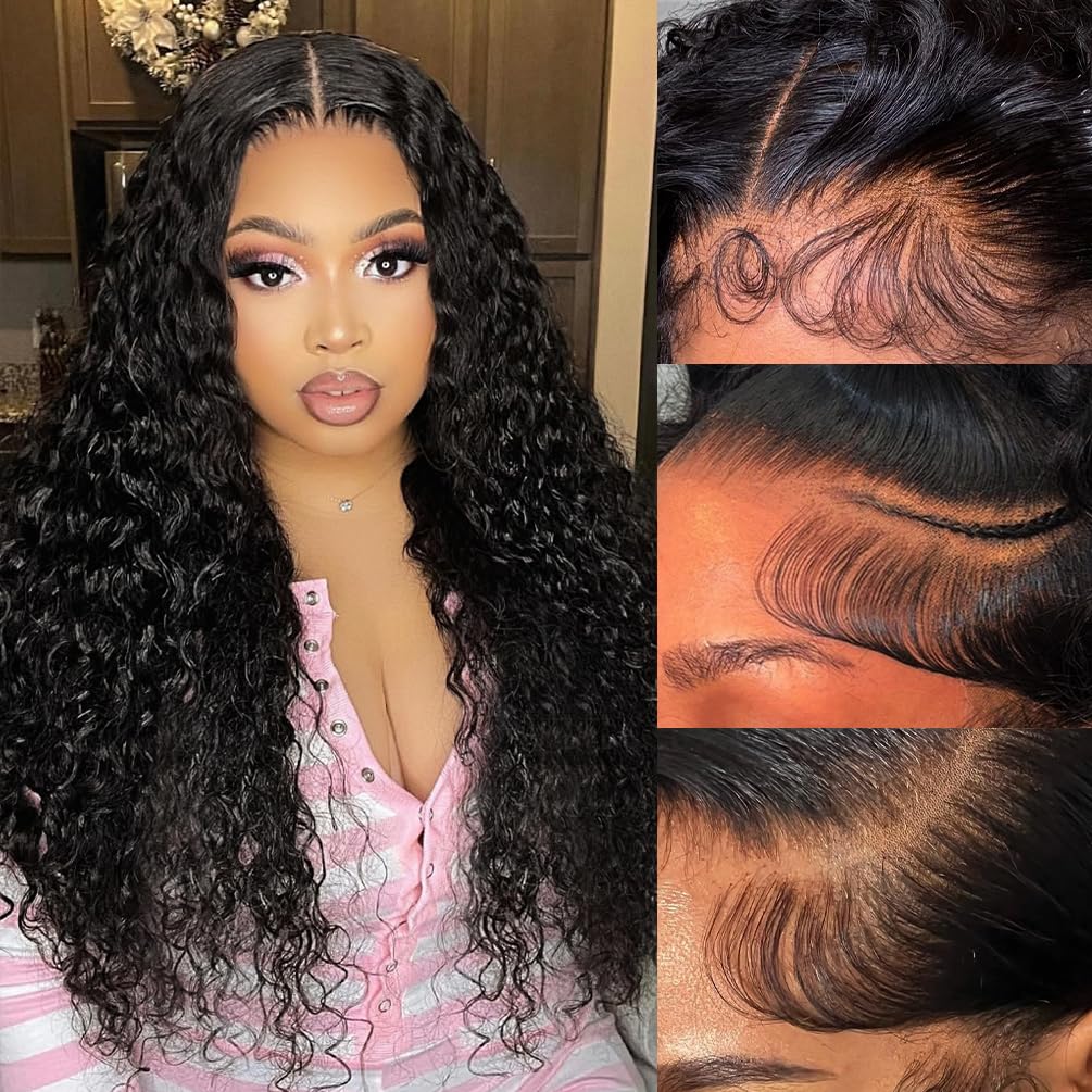 13x4 Deep Curly Glueless Wigs Human Hair Deep Wave Lace Frontal Wet and Wavy Wig 20 Inches 180 Density Water Wave Lace Front Wigs Human Hair Pre Plucked with Baby Hair Natural Black 1B