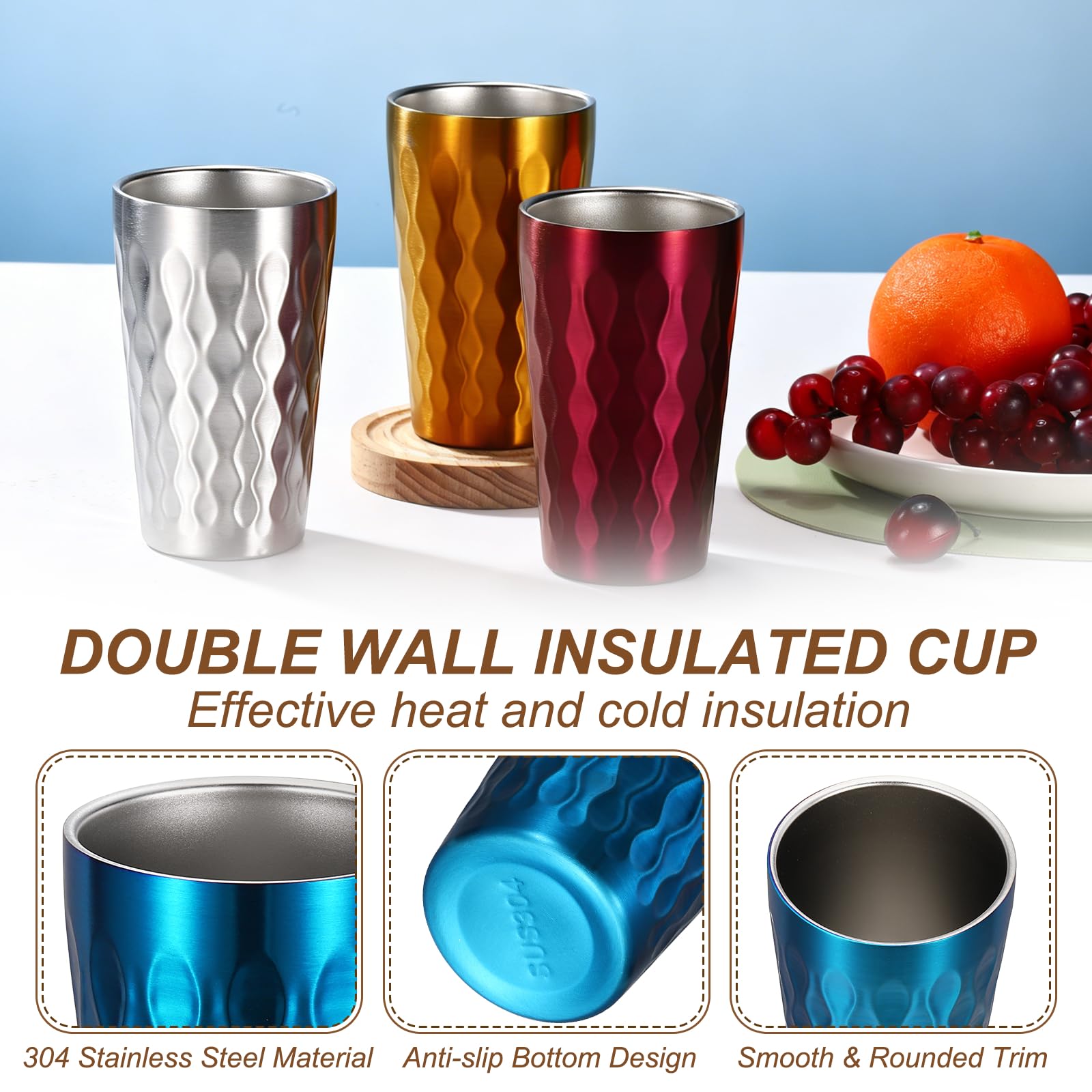 sourcing map Edelstahlbecher, doppelwandig, 350 ml / 11.8oz, Diamantmuster