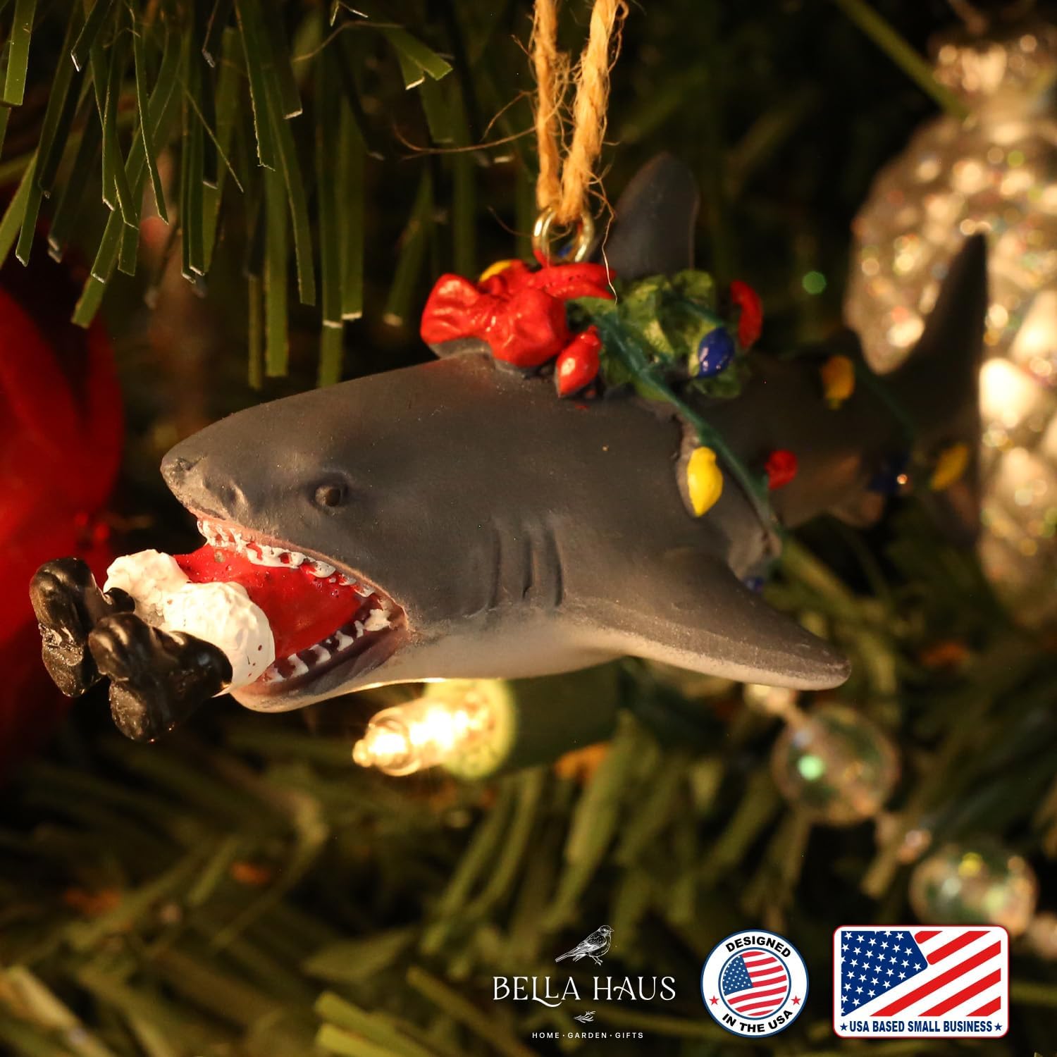 Bella Haus Christmas Shoppe Funny 4-Inch Santa Shark Attack Christmas Tree Ornament | Resin Figurine Decor | Ideal for Fun Secret Santa or White Elephant Gift Exchange (Shark) - Image 4