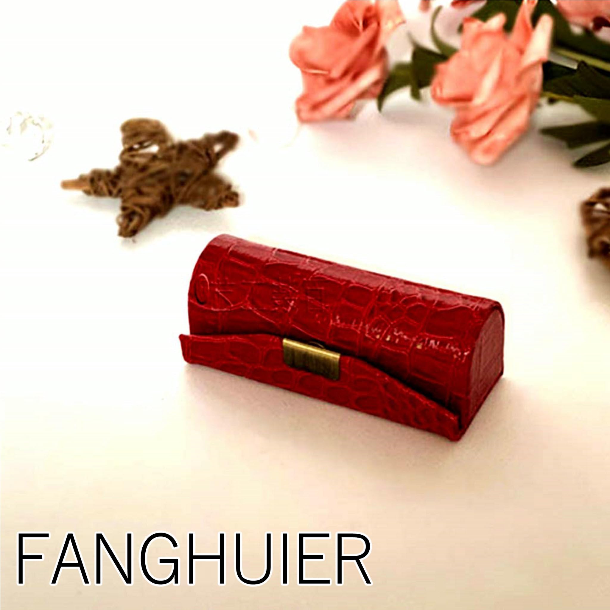 FANGHUIER Leather Lipstick Holder Box Jewelry Organiser with Mirror and Button Closure (Wine Red) - Image 3