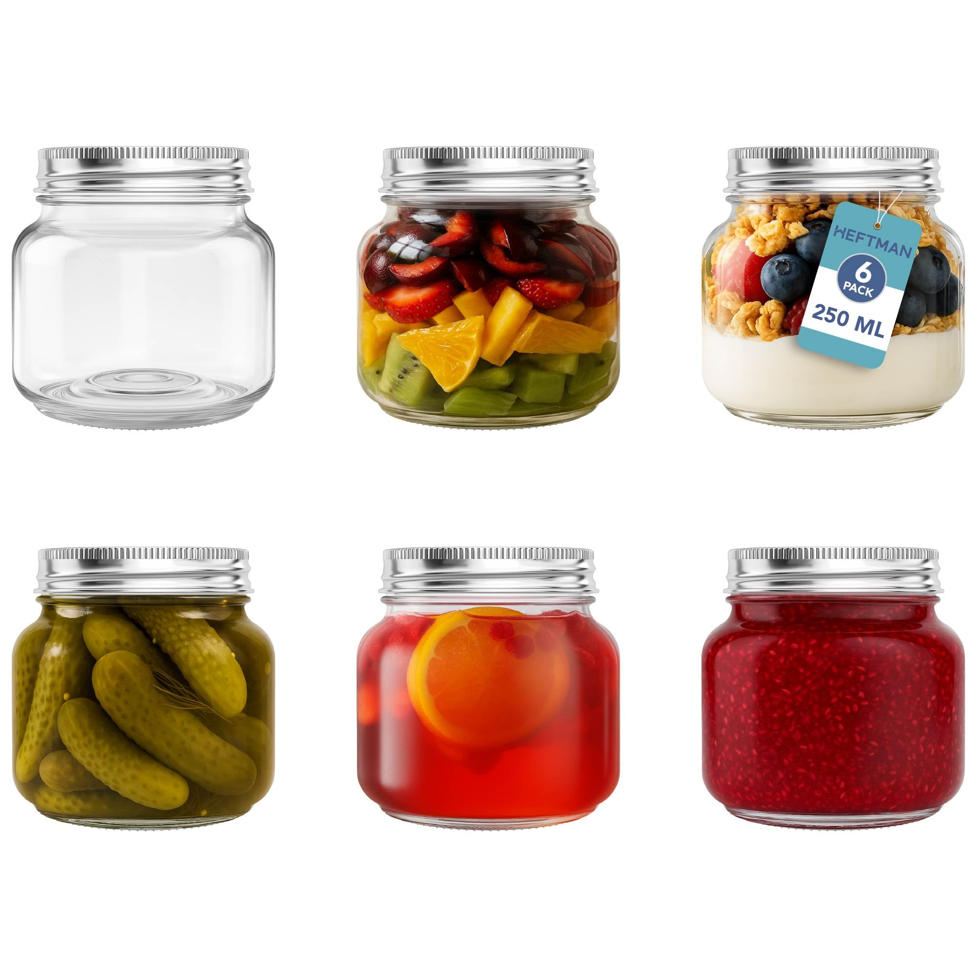 Heftman Clear/Silver Glass Mason Jars With Lids - Set Of 6 250Ml Air Tight Jars For Overnight Oats, Homemade Jam - Sturdy Glass Jar With Lid For Honey, Pickling, Preserving, Food Storage (250Ml)