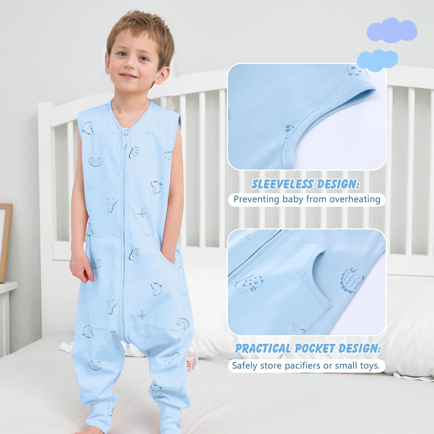 LAT Baby Sleep Sack,Summer Toddler Cotton Sleep Sacks with Legs,Dinosaur for Boys Girls,Baby Wearable Blanket with Zipper