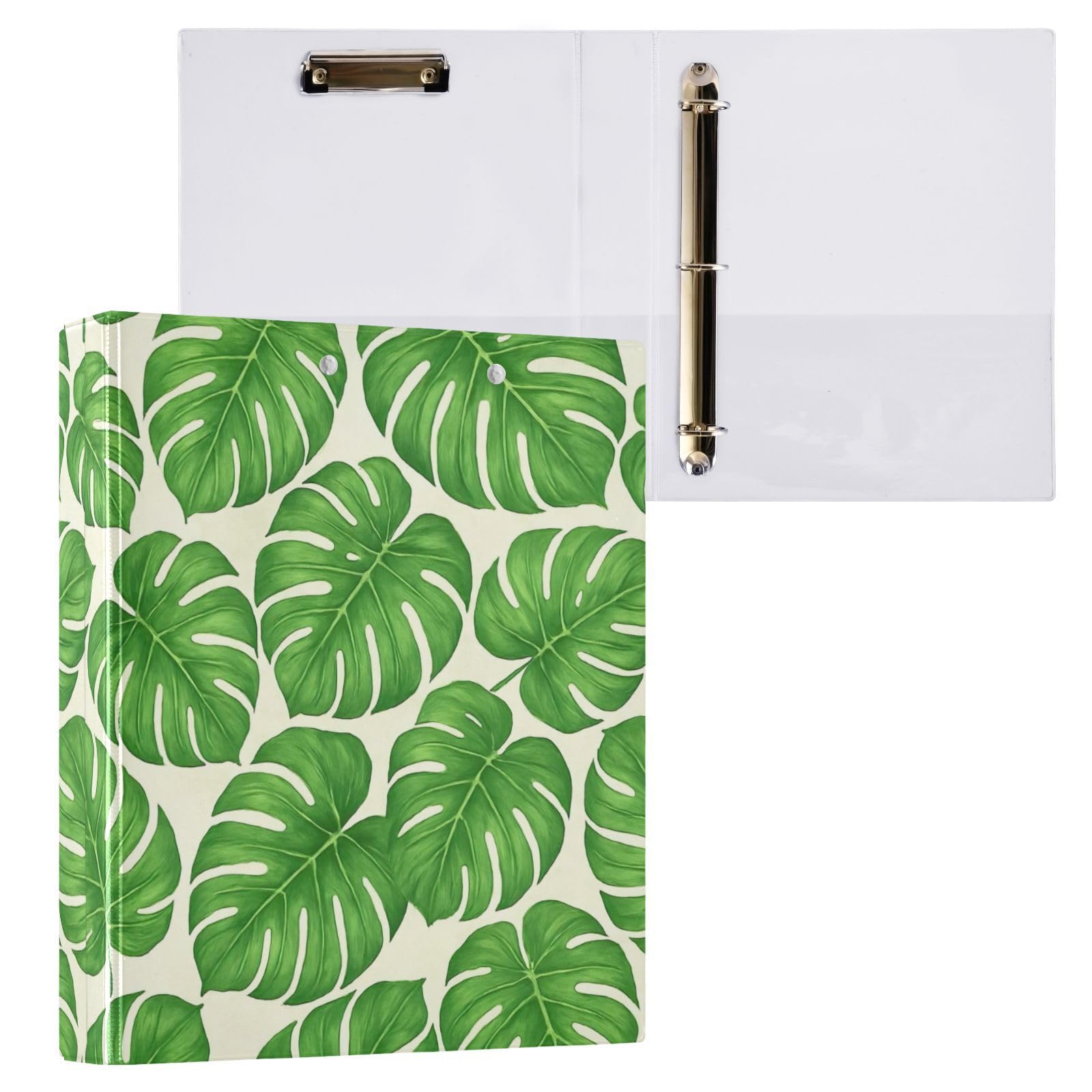 Green Leaves - Carpeta de 3 anillos de 1.5 pulgadas, color verde tropical, carpeta de anillos en D, paquete de 2 | Con portapapeles y bolsillos, para escuela, universidad, oficina