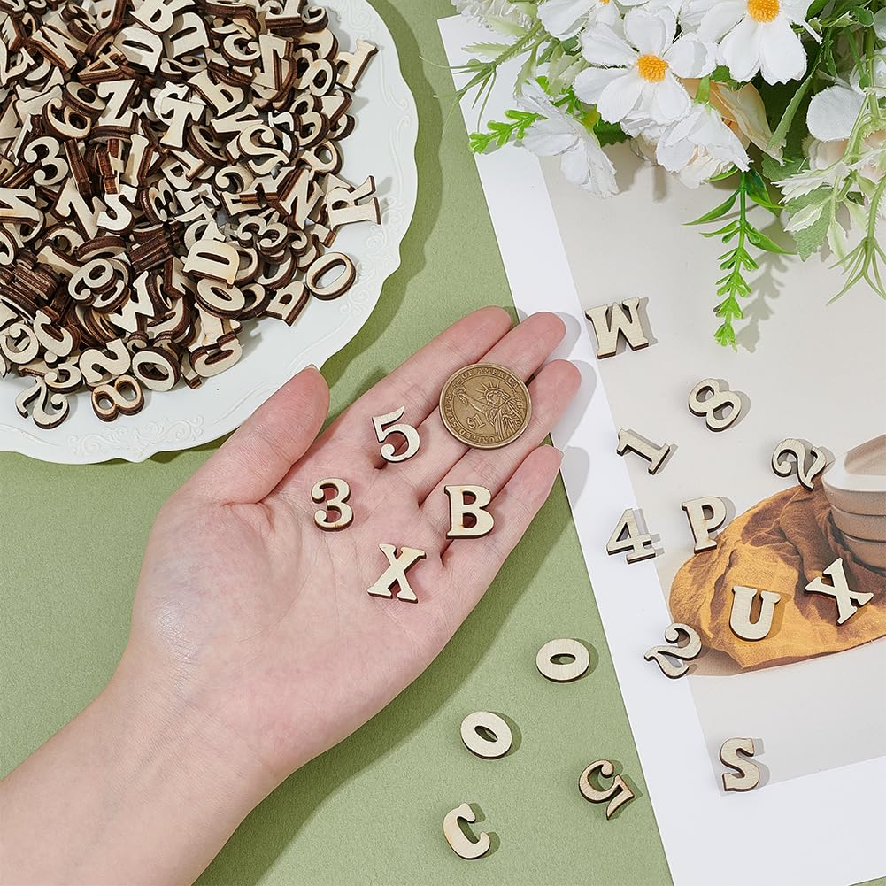 SOFPLATE 1 Box 400Pcs Random Mixed 15mm Wooden Letters Numbers Unfinished Wood Numbers Alphabets Assorted Shapes Small Slices Chips for Crafts DIY Spelling Painting Arts Home Wall Decoration Adults - Image 3